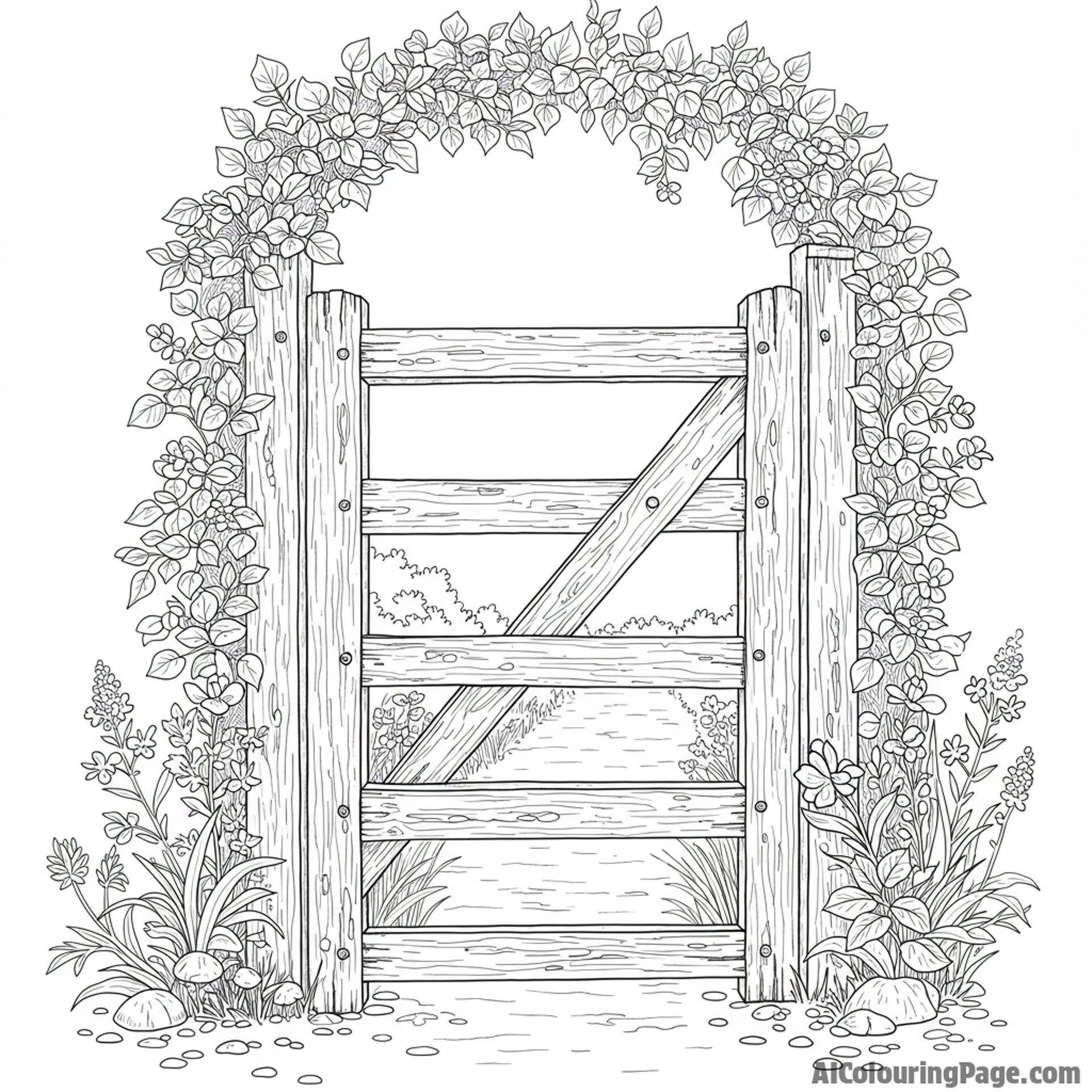 A weathered wooden gate leading into a secret garden.