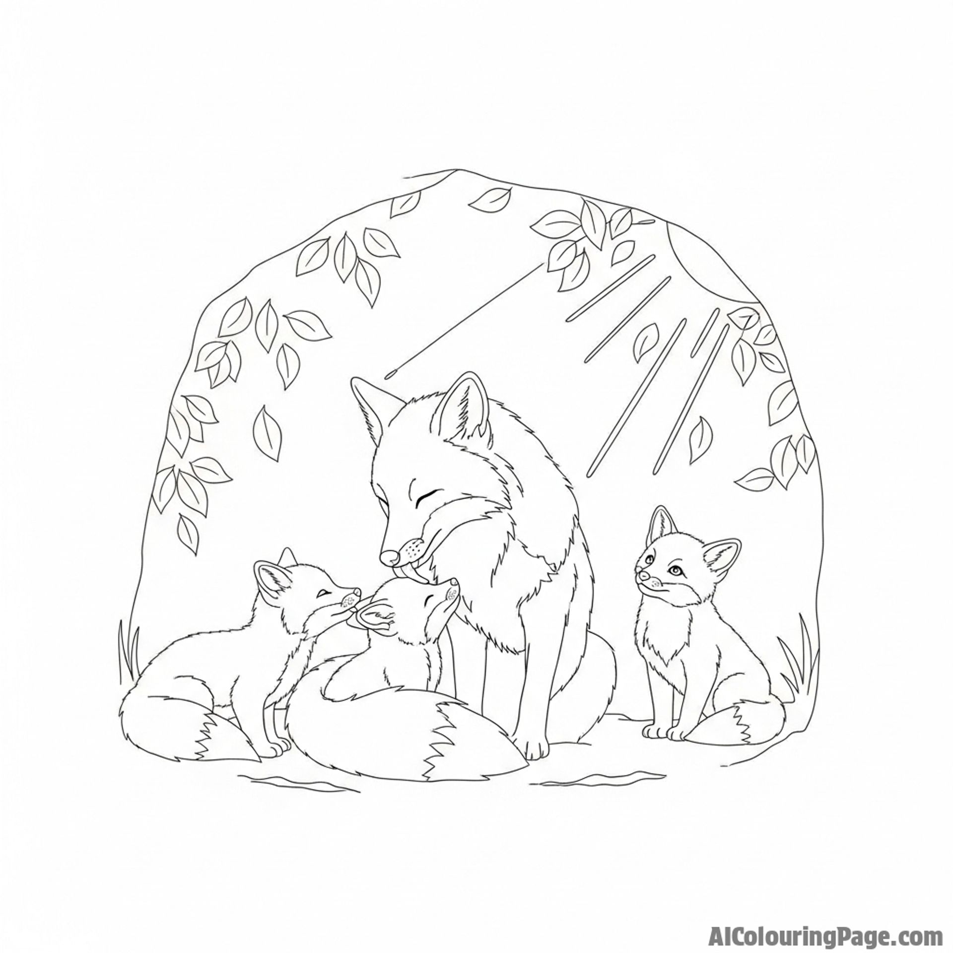A mother fox tenderly grooming her playful kits in a sun-dappled den.