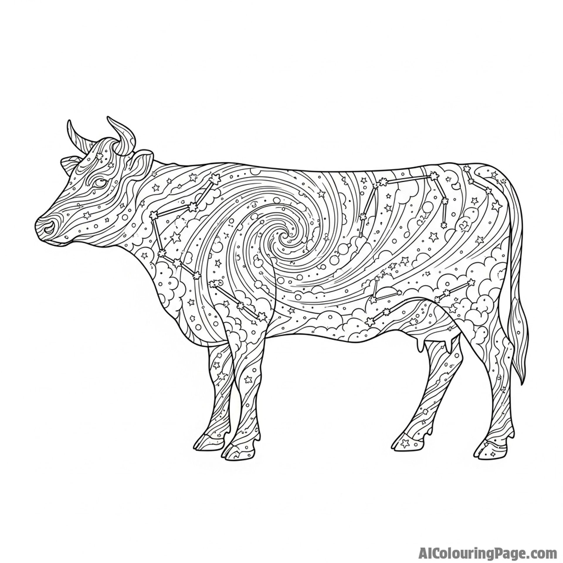 A cow whose body is formed from swirling constellations and cosmic dust.