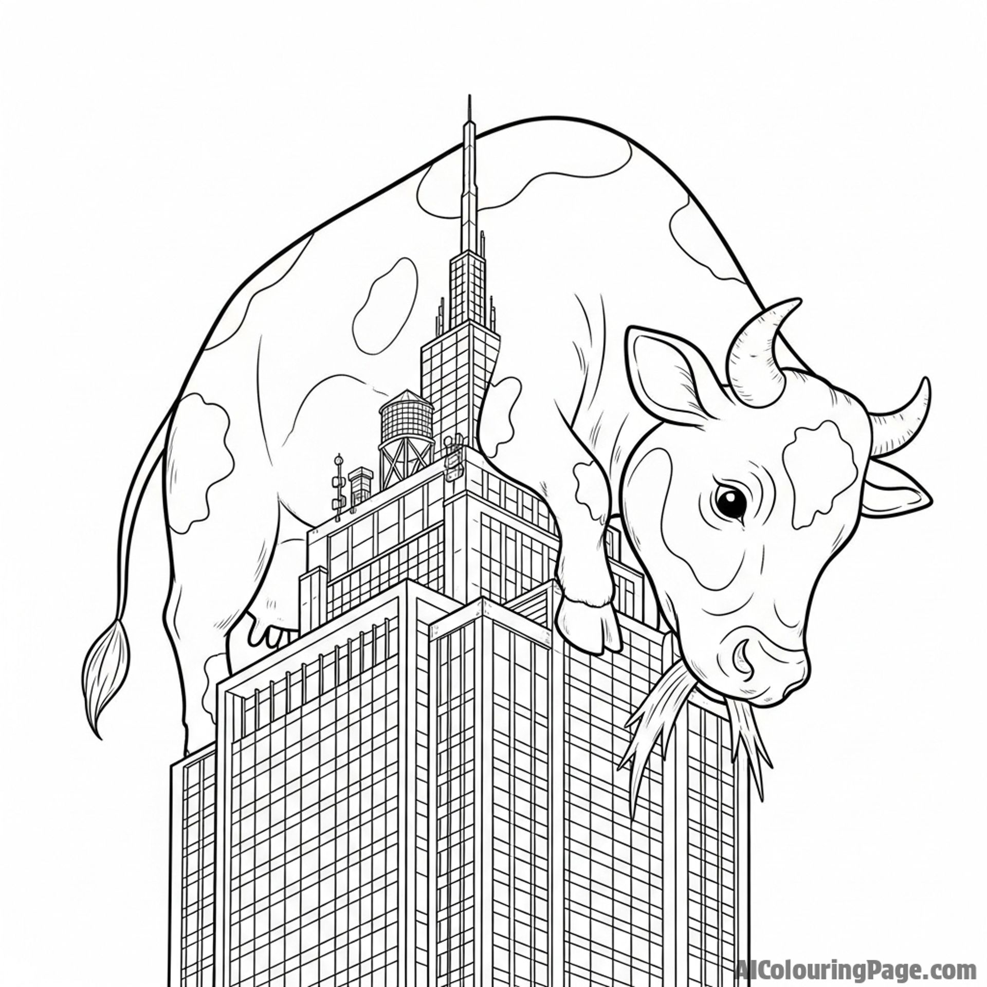 A giant, kaiju-sized cow peacefully munching on the top of a skyscraper.