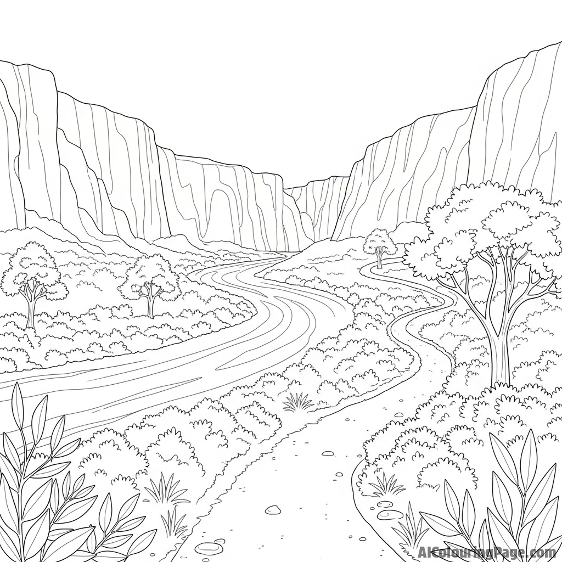 Canyon river, winding path, sparse vegetation.