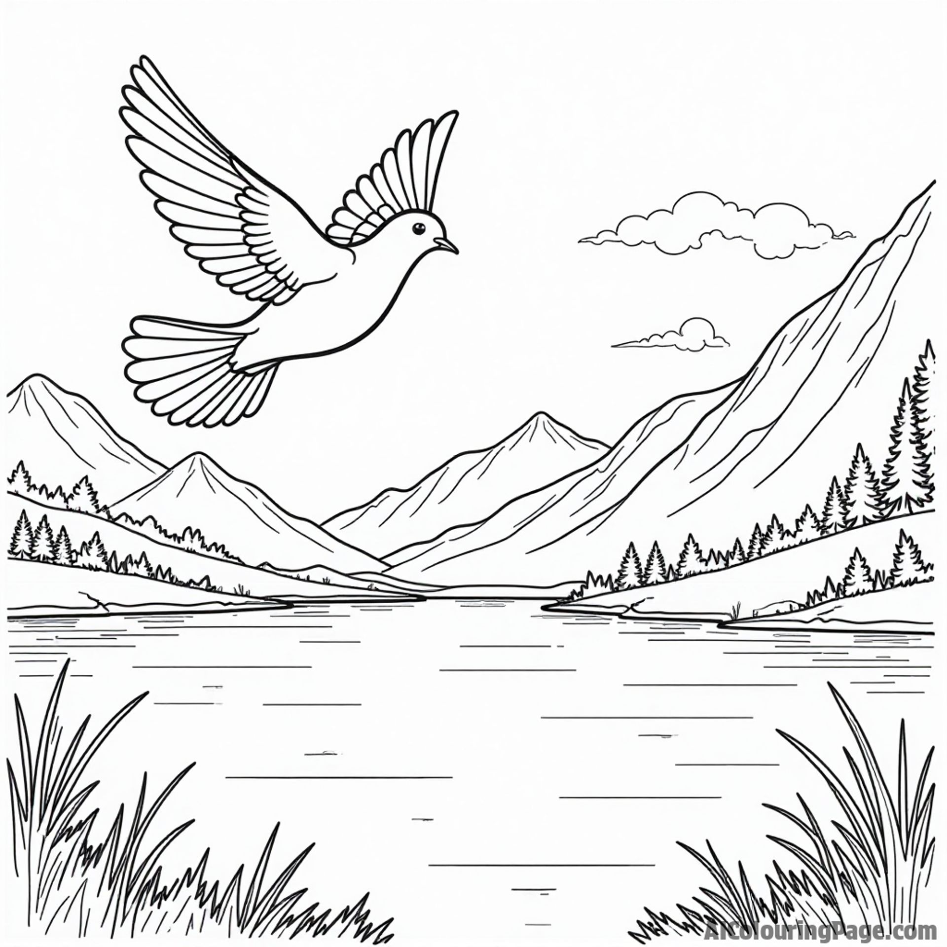 A dove flying above a tranquil lake with mountains in the background, showcasing nature’s beauty for kids to color.