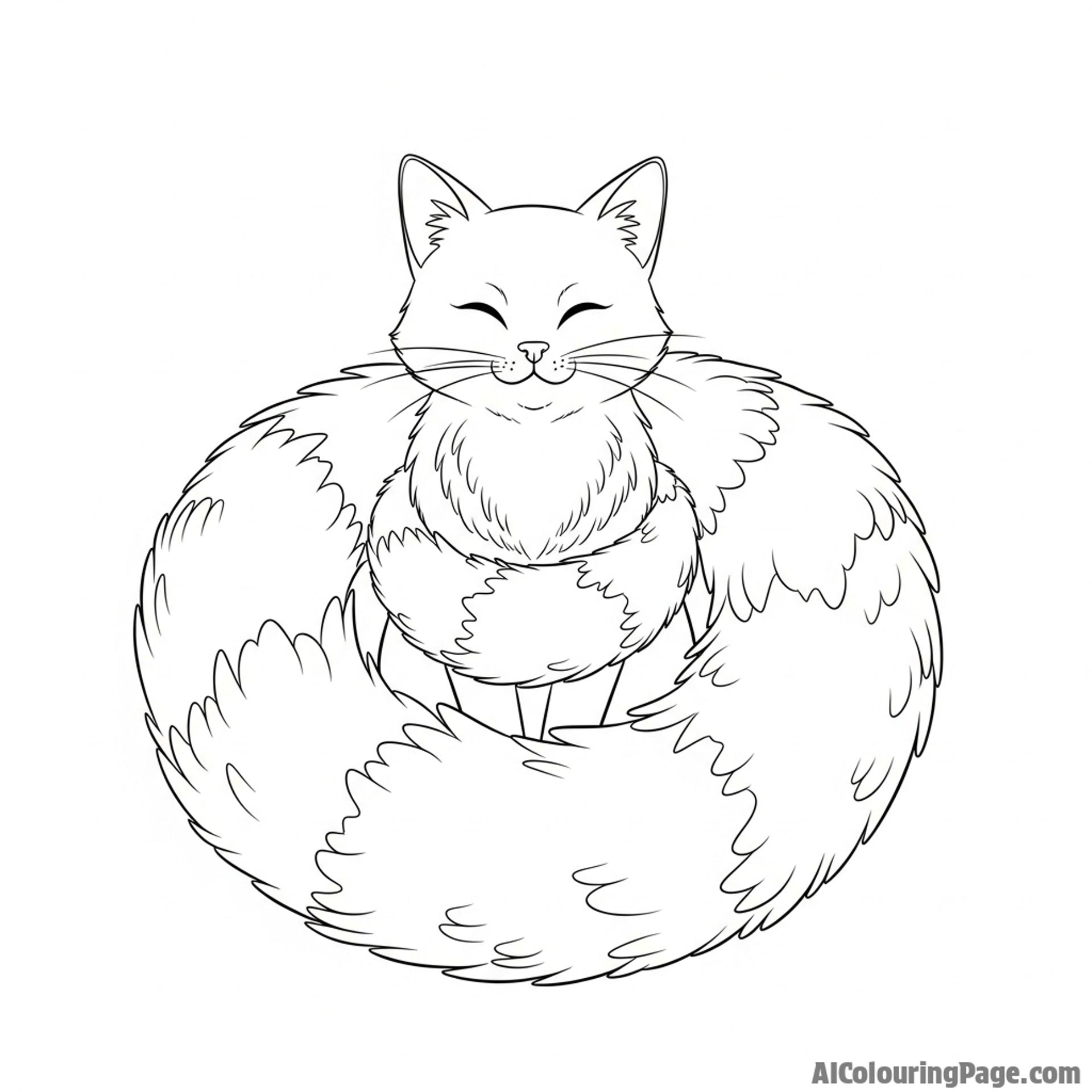 A cat with an impressive, fluffy tail curled around its body.