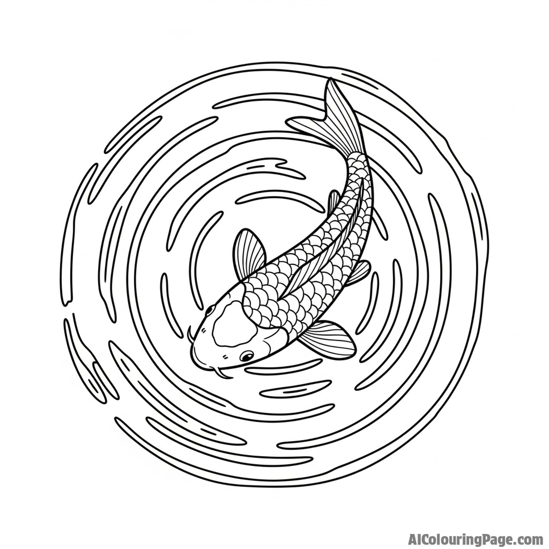 A top-down view of a single koi creating concentric ripples on a perfectly still pond.
