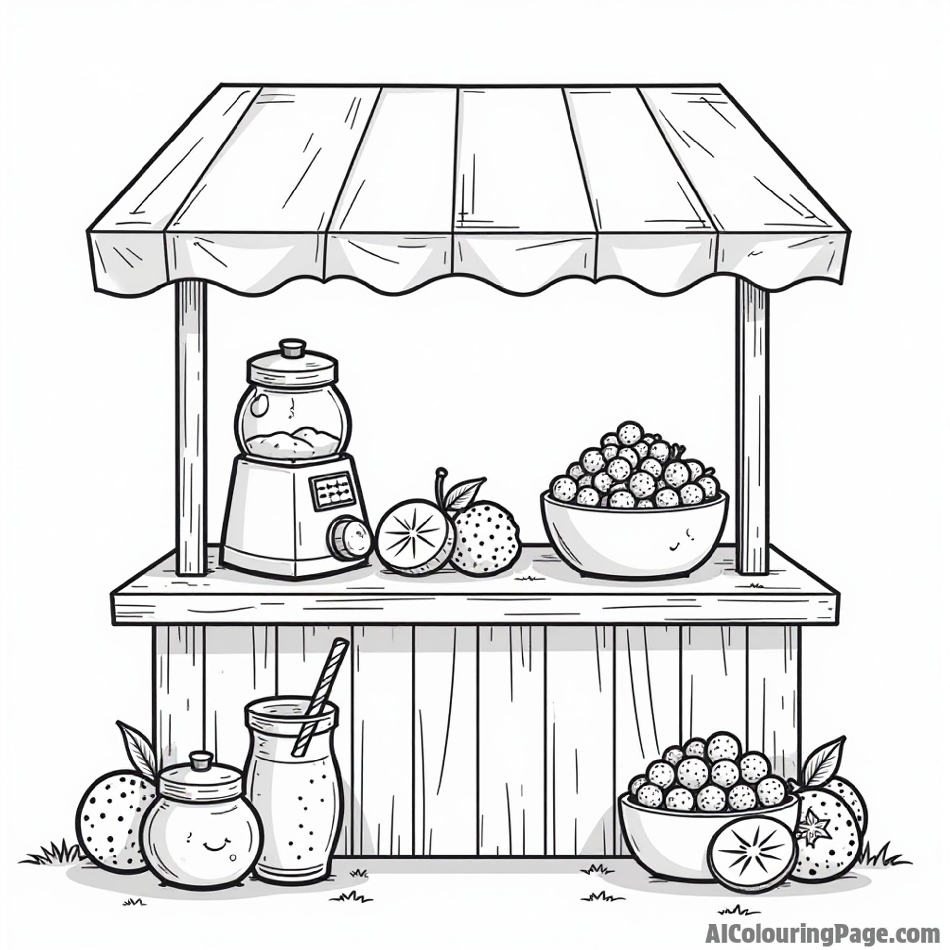 A cheerful fruit and candy smoothie stand with colorful fruits, jars of candy, and blender for kids to color creatively.