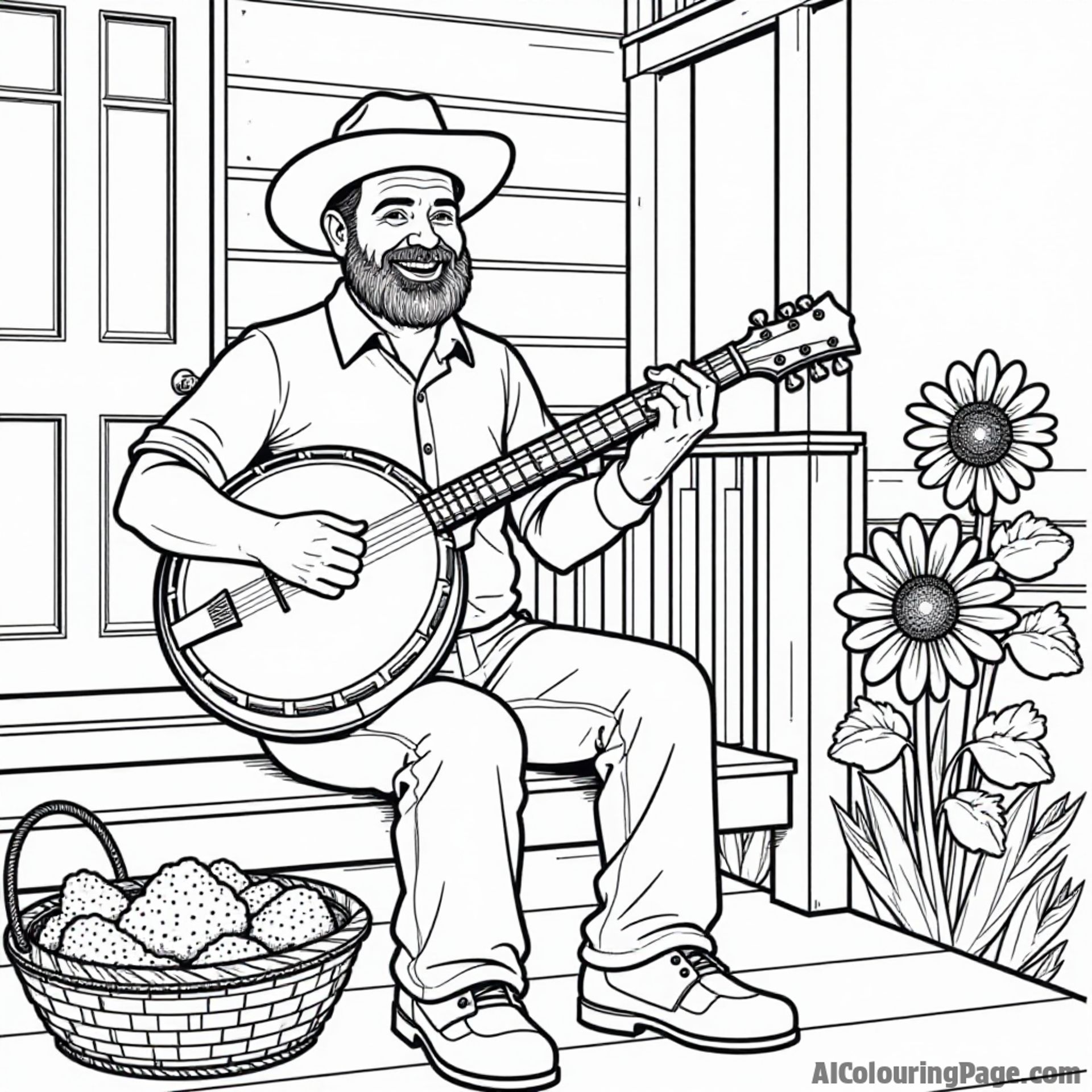 A cheerful banjo player performing on a porch with a basket of Kentucky fried chicken and sunflowers in the background.