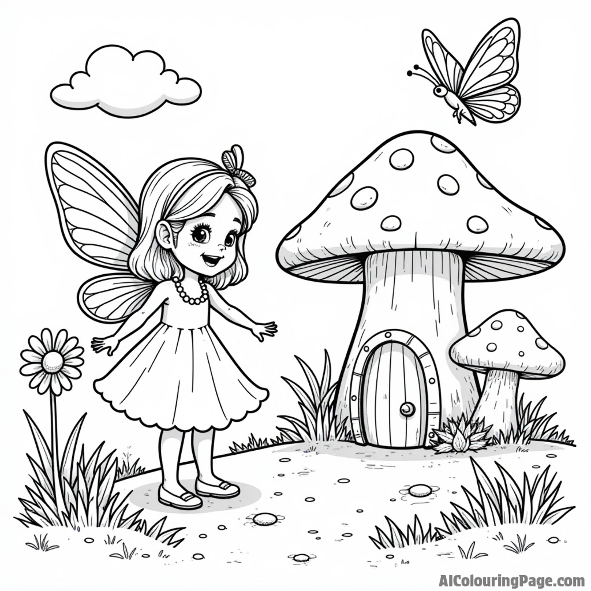 A magical fairy garden with a friendly fairy, a cheerful mushroom house, and a playful butterfly fluttering nearby.