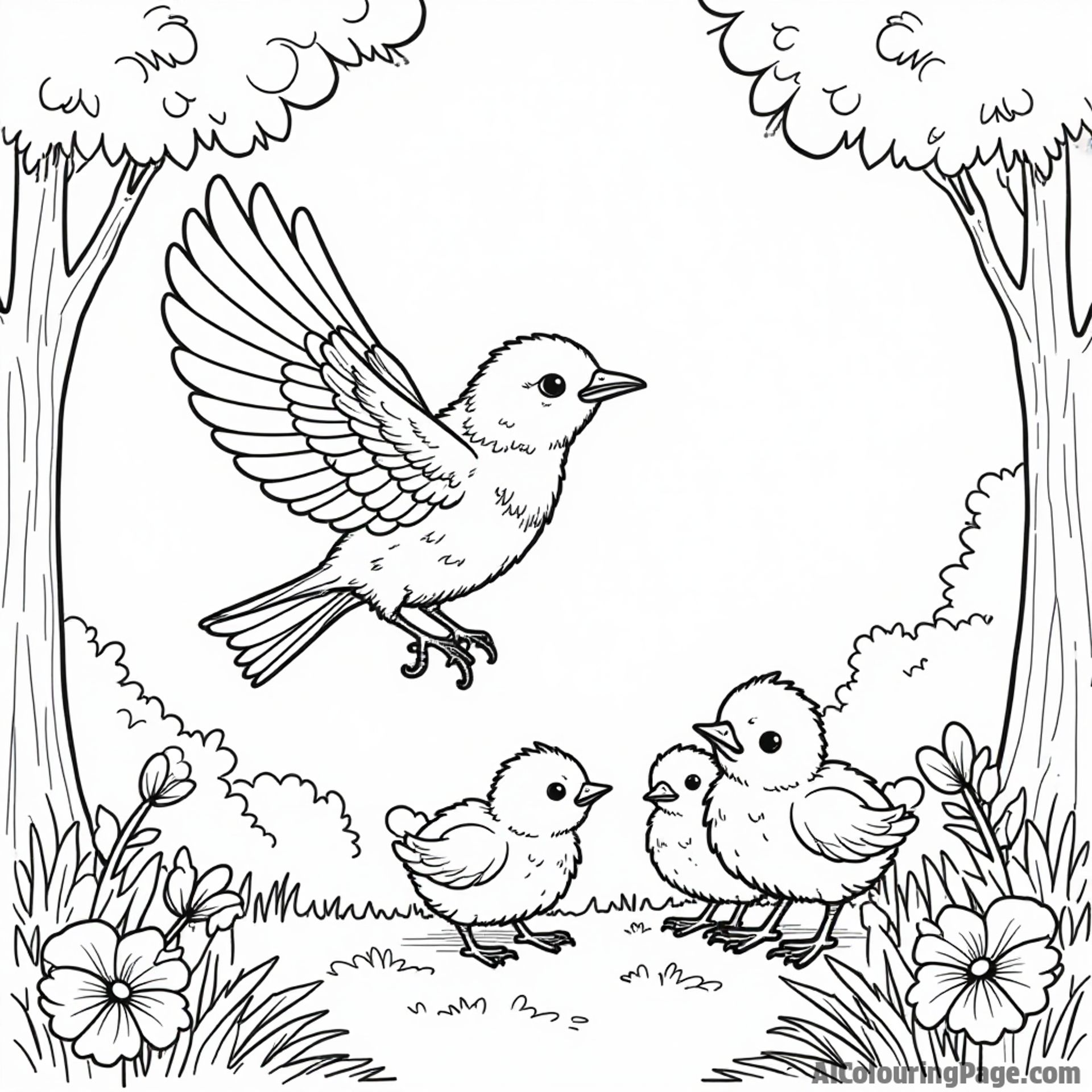A robin learning to fly with its fluffy chicks in a backyard, surrounded by trees and blooming flowers, perfect for kids.