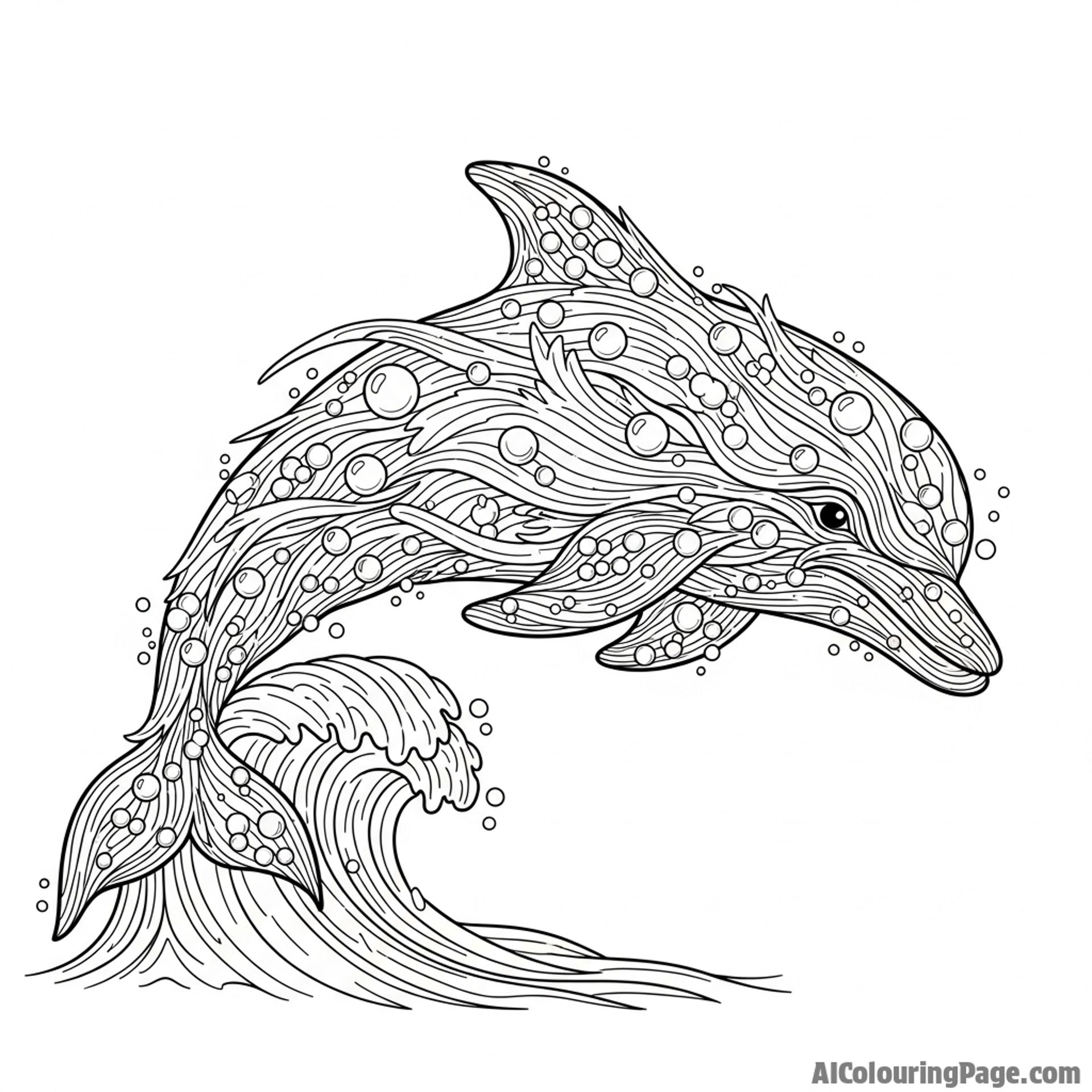 A fantastical dolphin made entirely of swirling water, air bubbles, and ocean currents.
