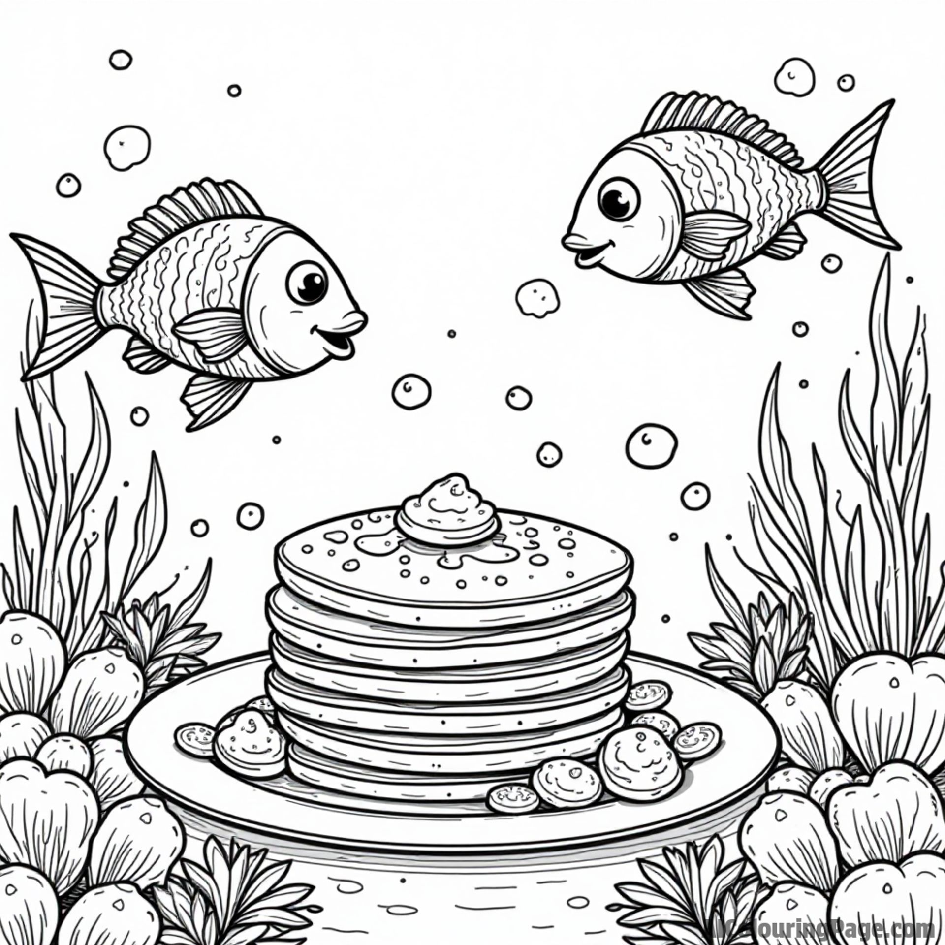 An underwater scene with fish enjoying pancakes on a coral reef, surrounded by colorful sea plants and bubbles