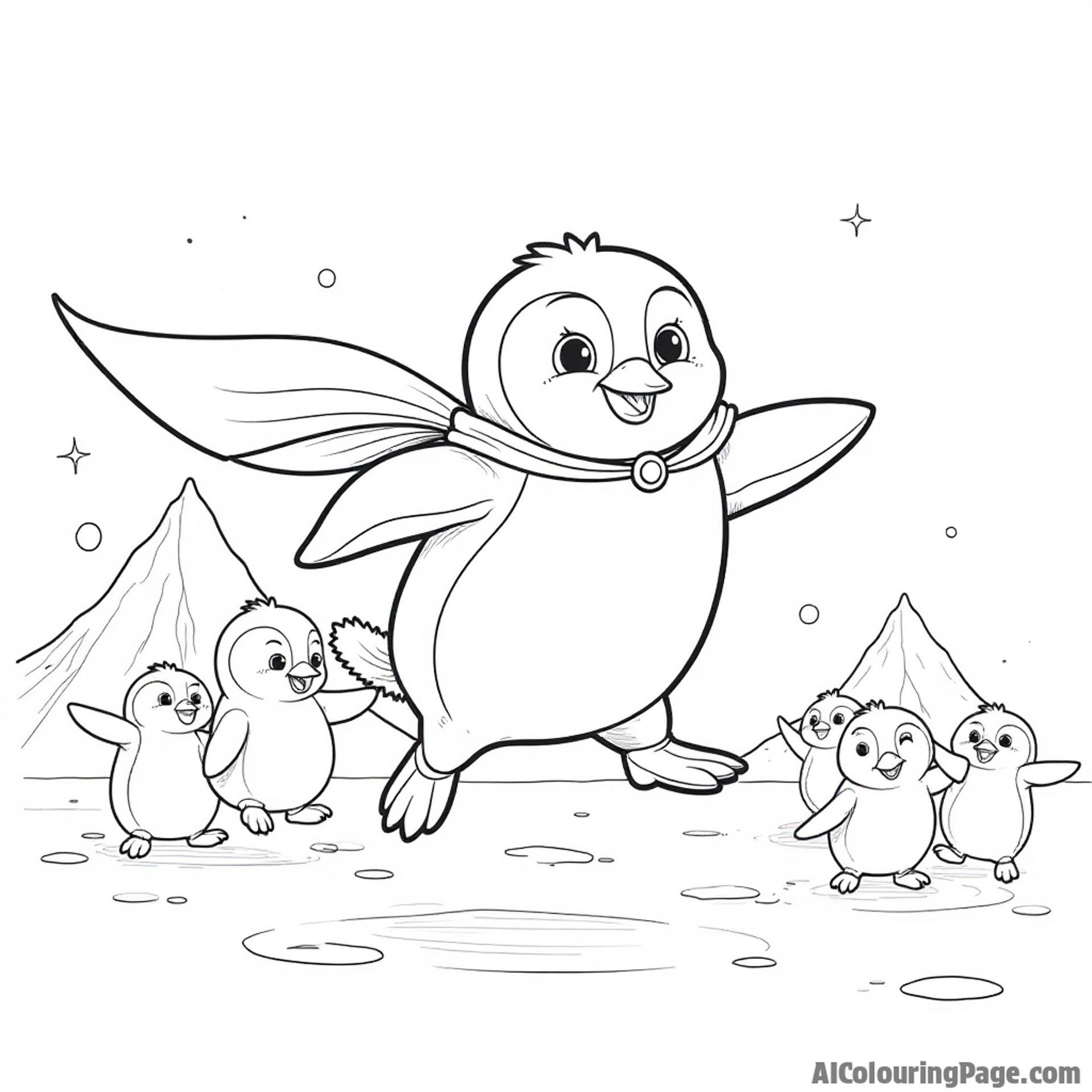 A penguin wearing a superhero cape, flying over an icy landscape with a group of excited penguin friends.