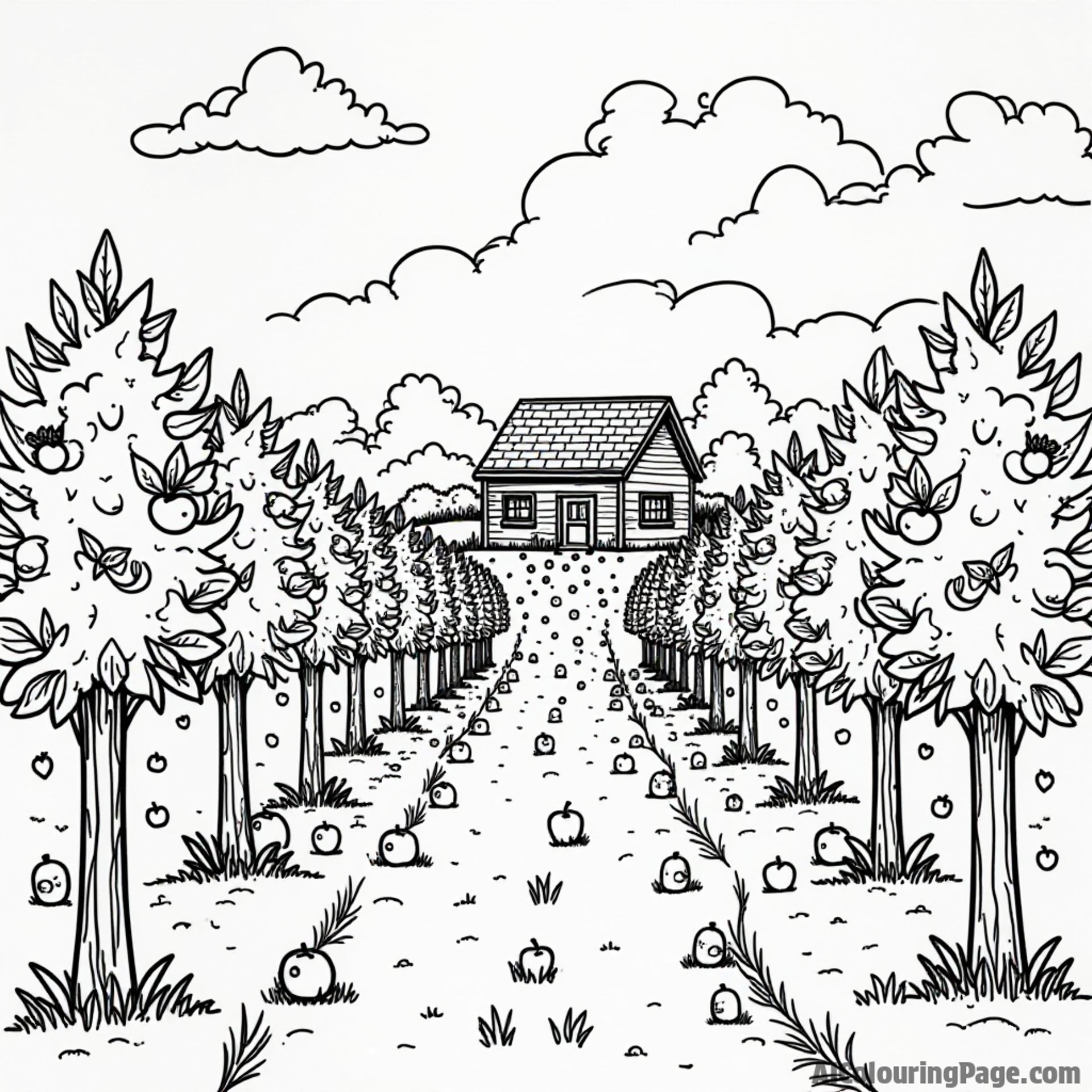 A colorful Michigan apple orchard with trees, apples, and a cute farmhouse in the background for a coloring page.