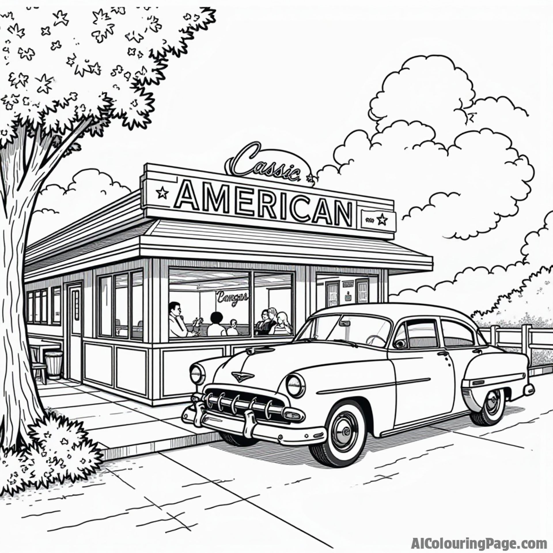 A classic American diner scene with a vintage car parked outside, showcasing the spirit of 1950s America and friendship.