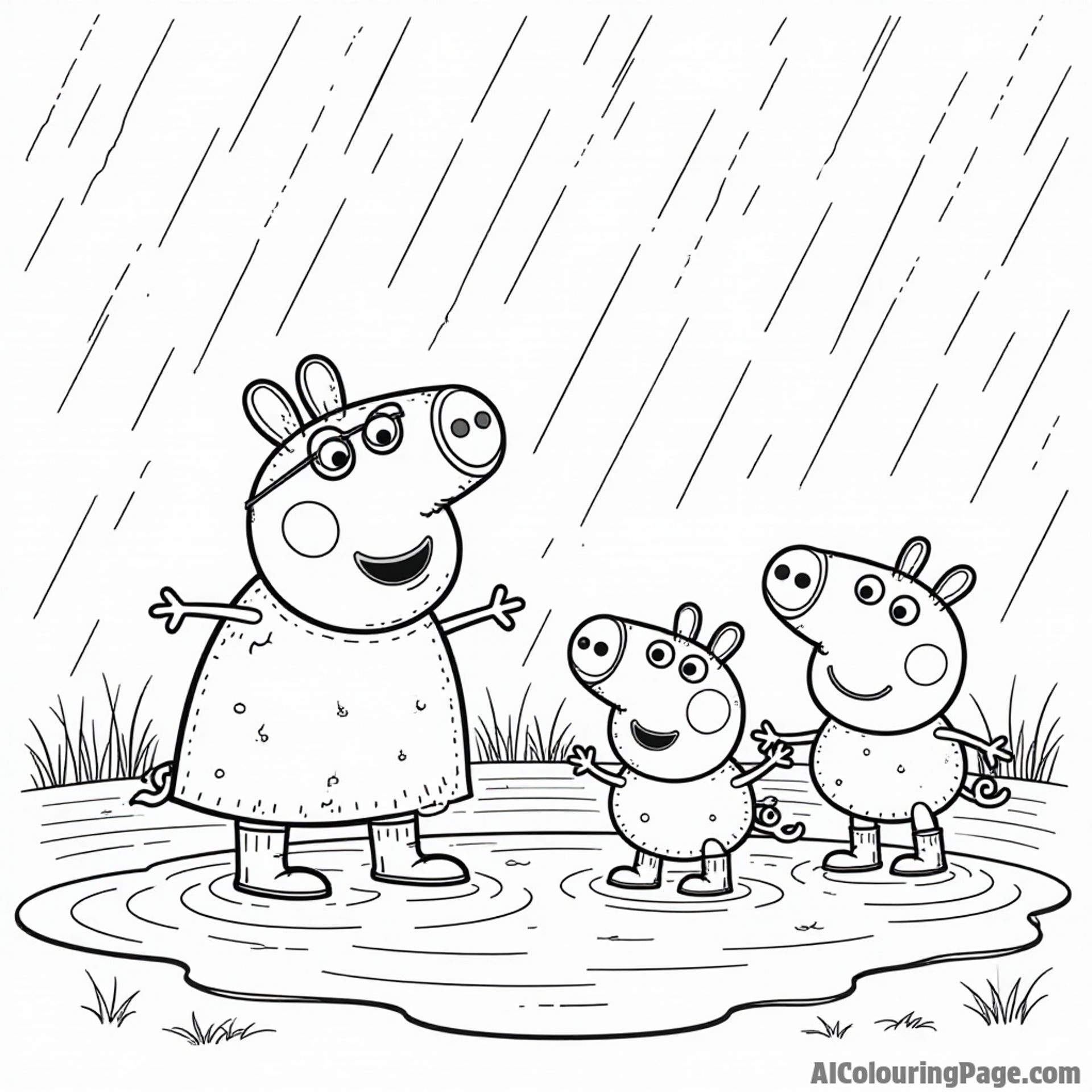 Peppa Pig and her friends splashing in a big puddle after a rainstorm, with colorful rain boots and smiles everywhere.