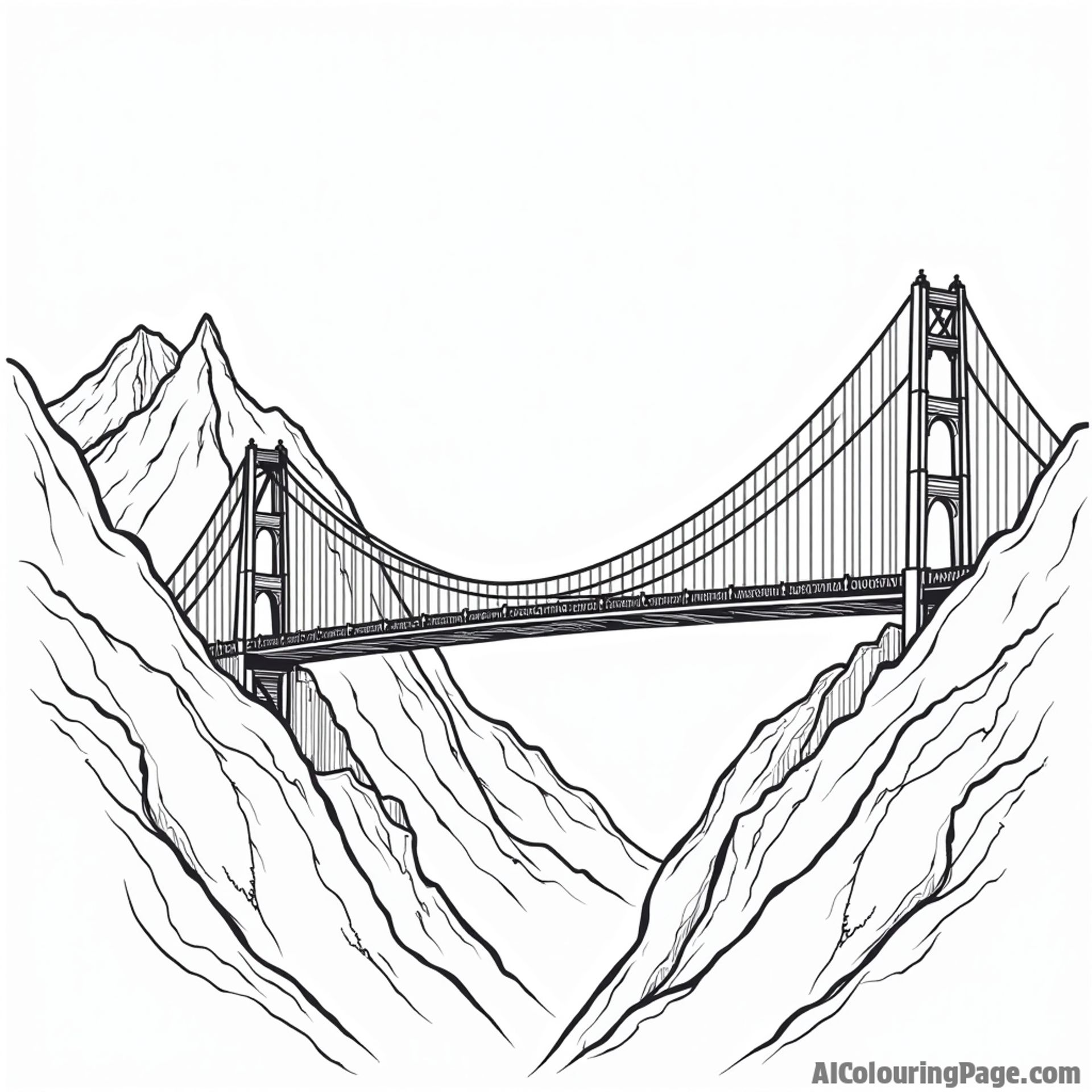 A suspension bridge connecting two mountain peaks.