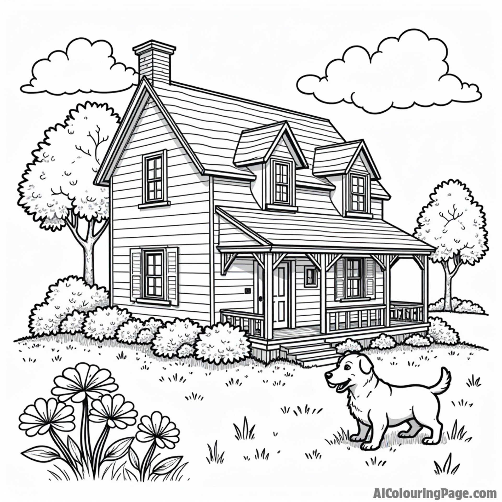 A whimsical Virginia farmhouse, with blooming flowers in the garden and a friendly dog wagging its tail nearby.
