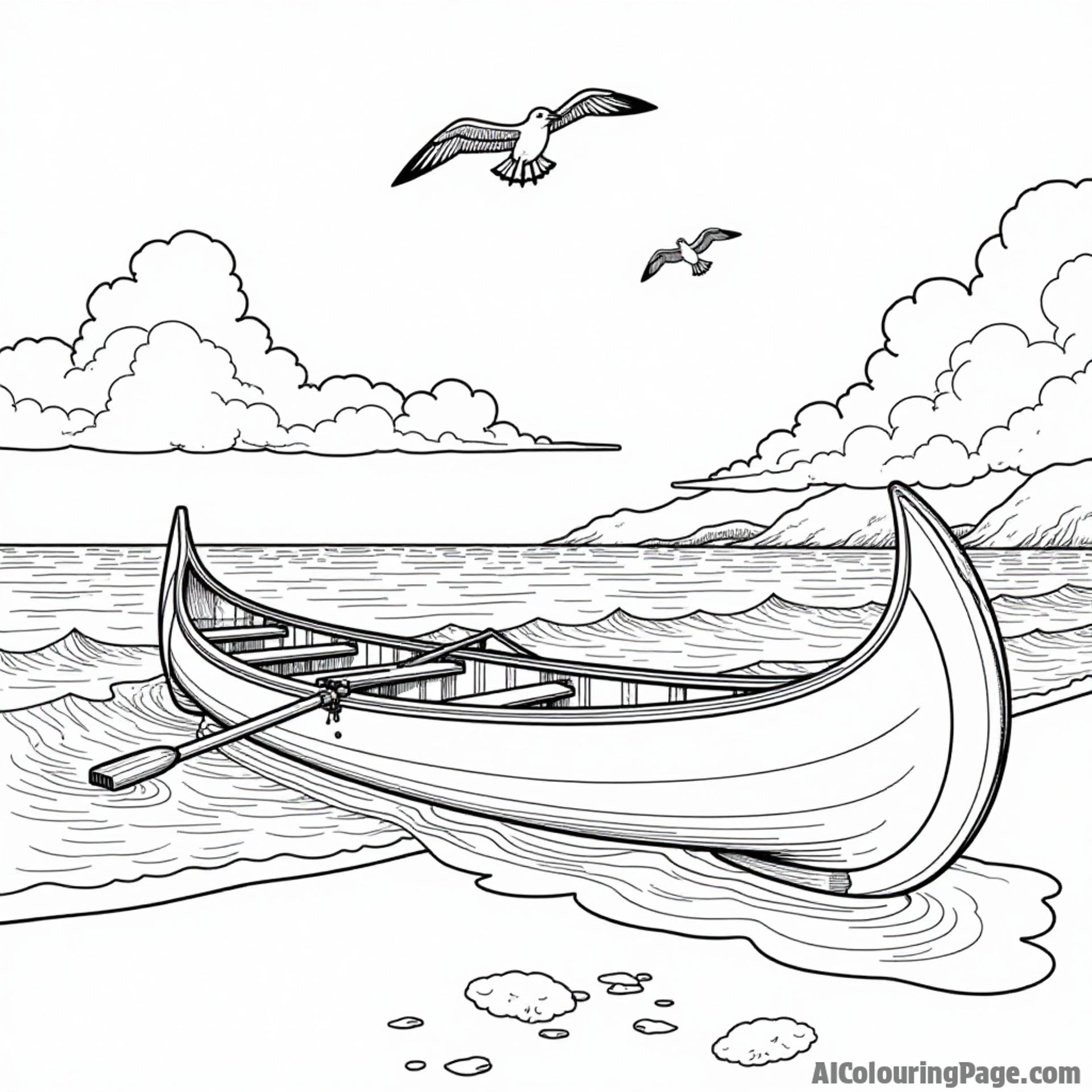 A traditional Hawaiian outrigger canoe on the beach, with waves crashing and seagulls flying above, ready for coloring.