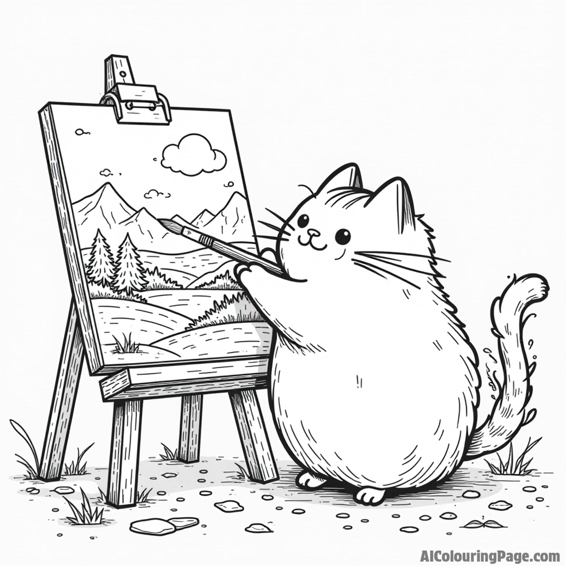 Pusheen painting a beautiful landscape on an easel surrounded by paintbrushes and splashes of color everywhere