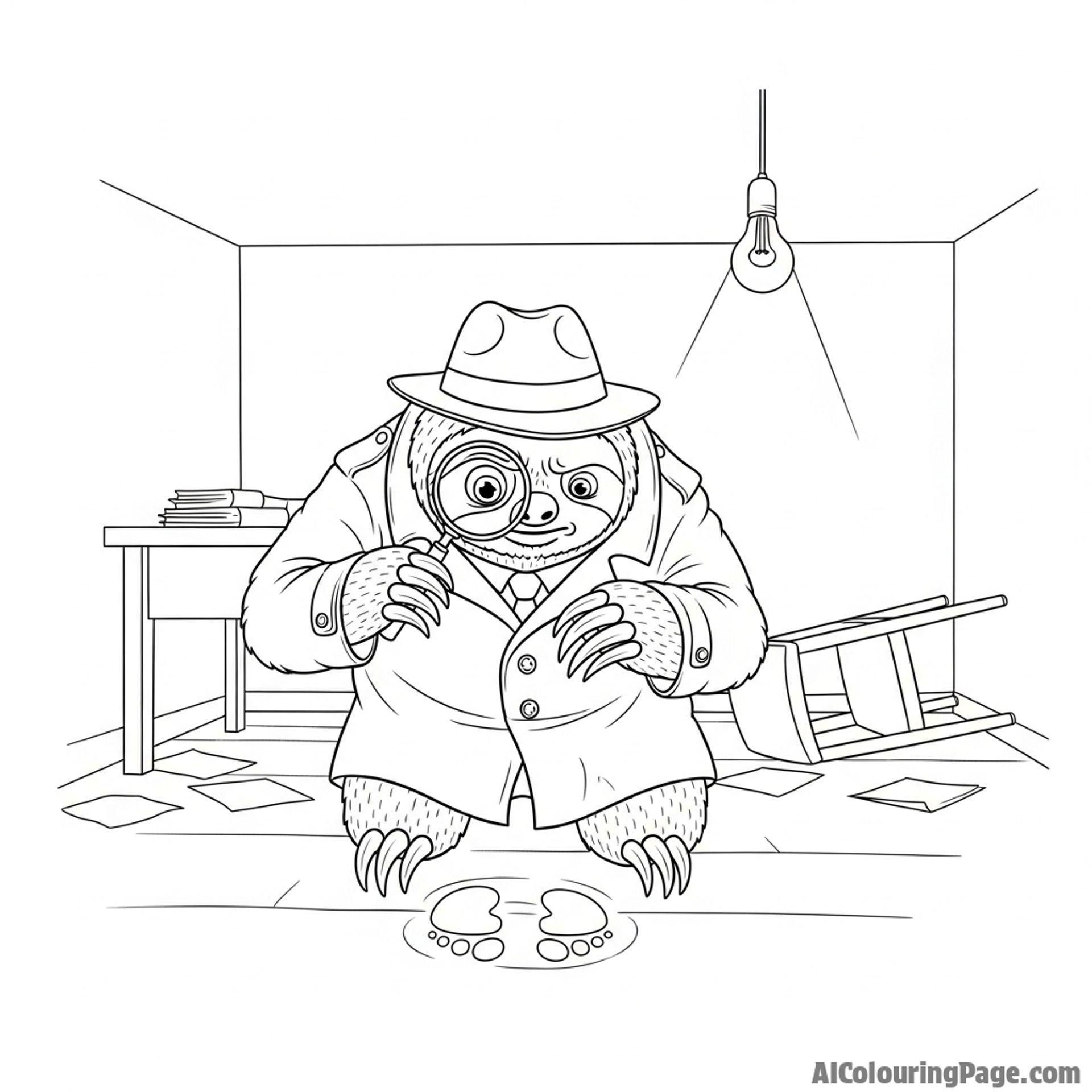 A sloth dressed as a detective, examining a clue with a magnifying glass in a dimly lit room.