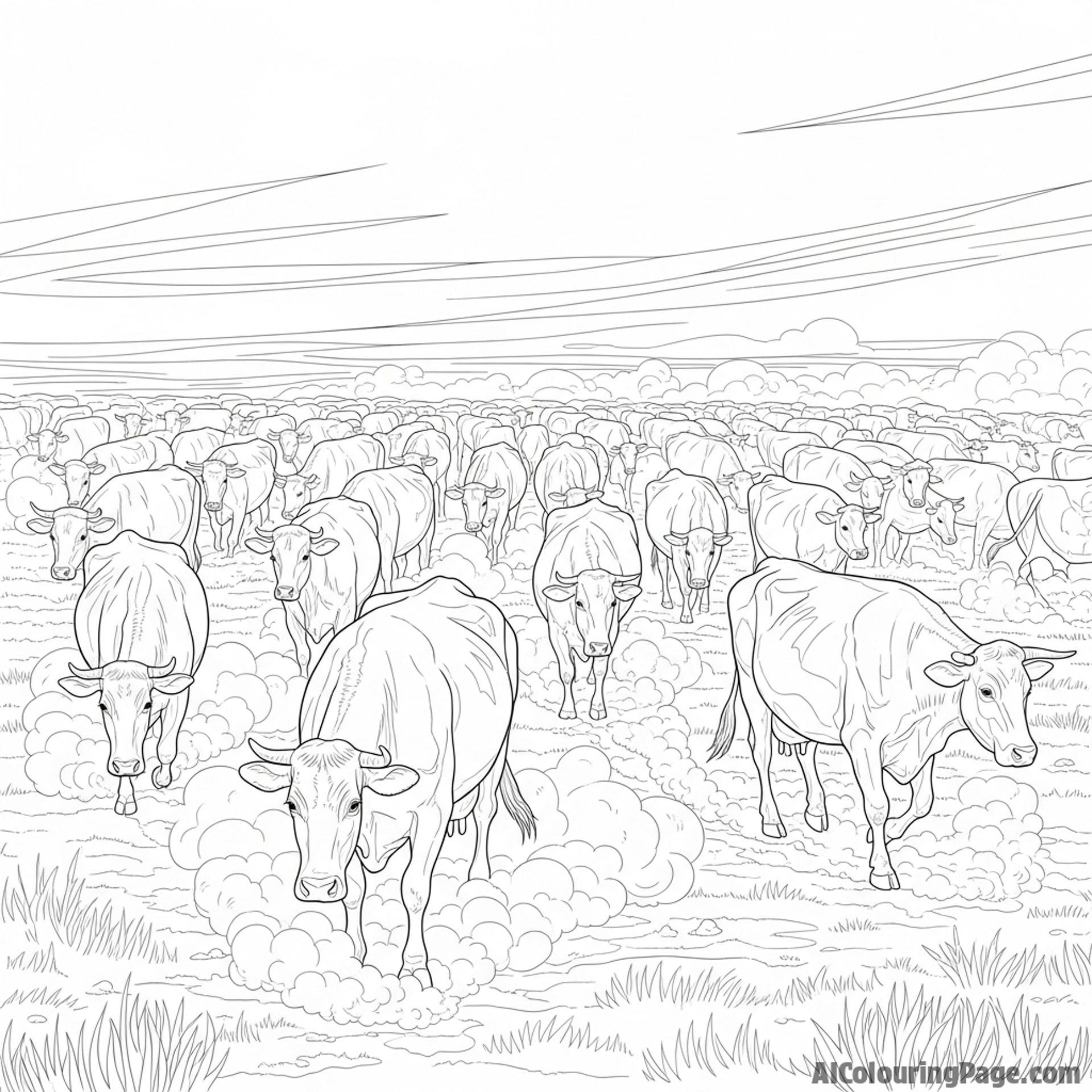 A vast herd of cows moving slowly across a dusty, windswept plain.