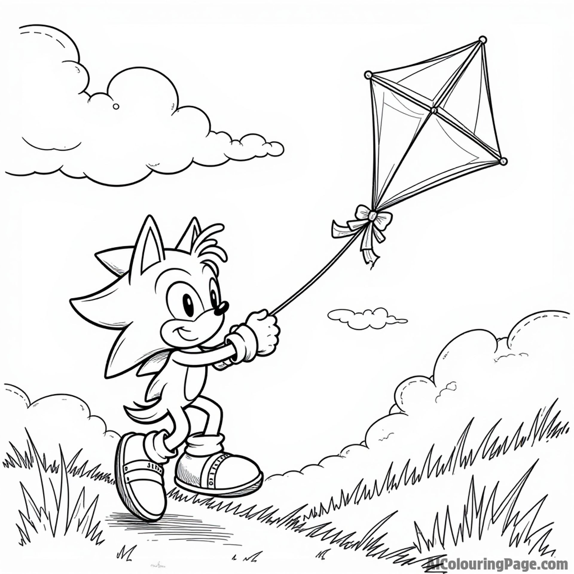 Sonic and Tails flying a colorful kite on a breezy day, with fluffy clouds drifting in the bright blue sky above.