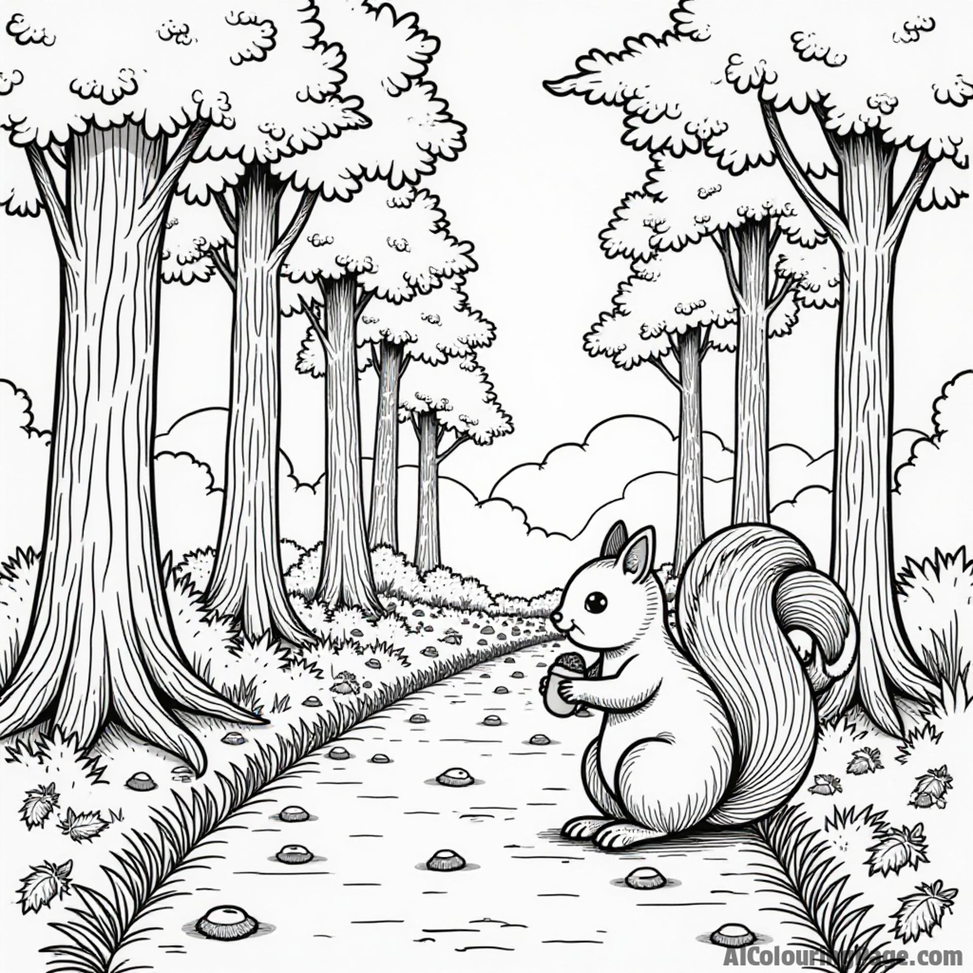 A vibrant forest path lined with colorful leaves, a cheerful squirrel gathering acorns, and towering pine trees surrounding.