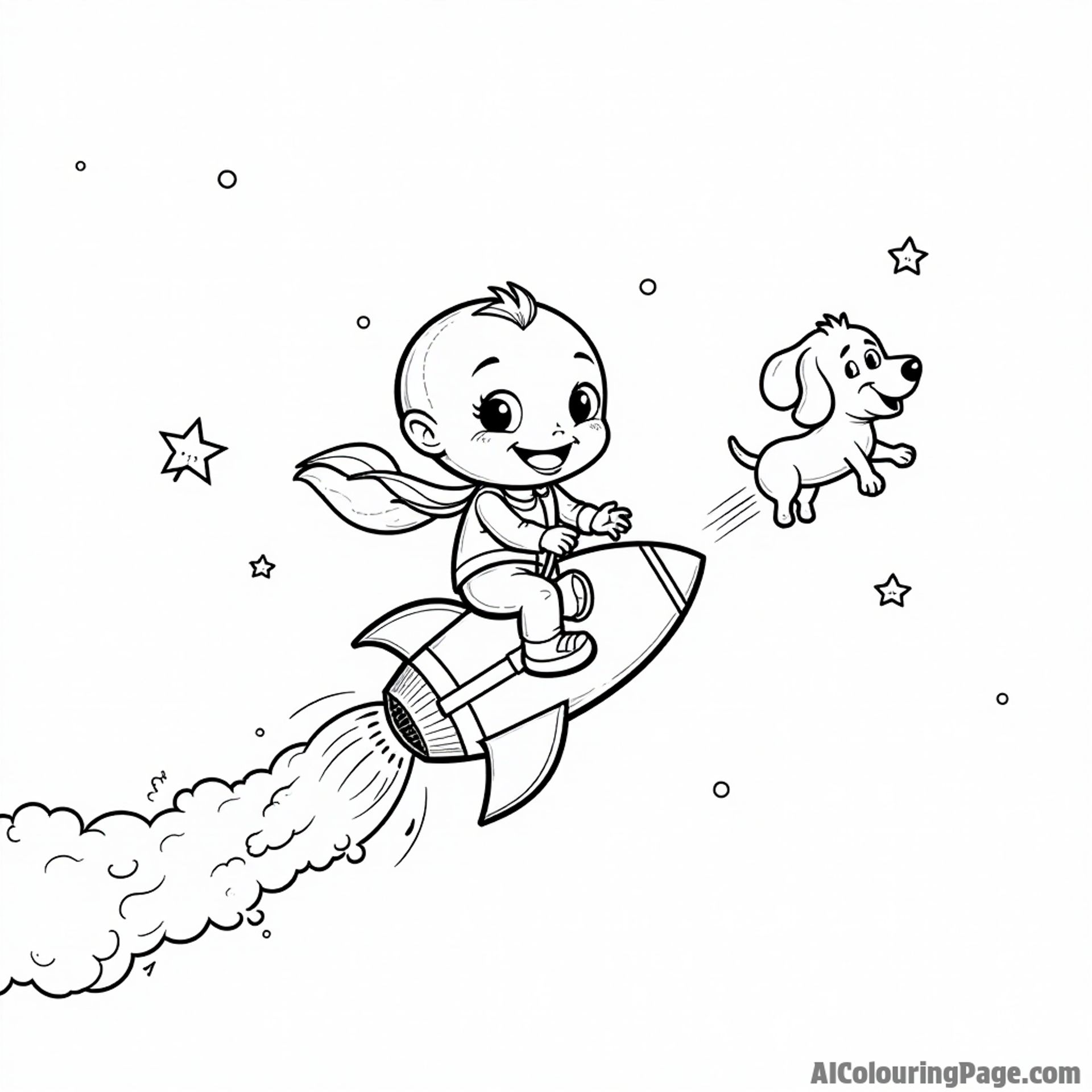 A playful alien child flying a small rocket with a big smile, while a friendly dog floats beside them.