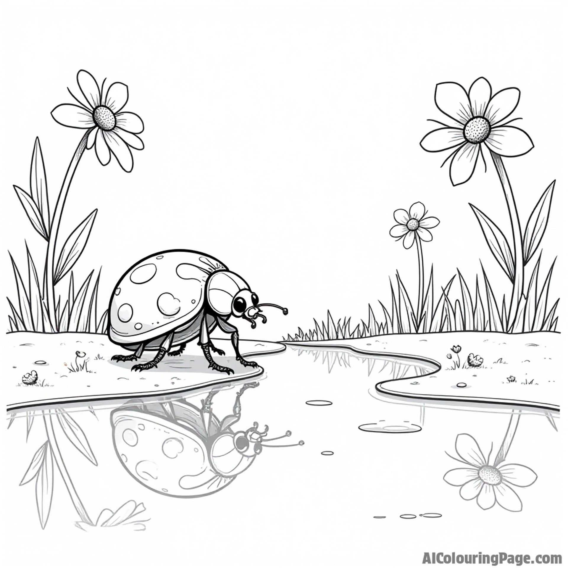 A ladybug looking at its reflection in a puddle, with flowers blooming around and a soft breeze blowing.