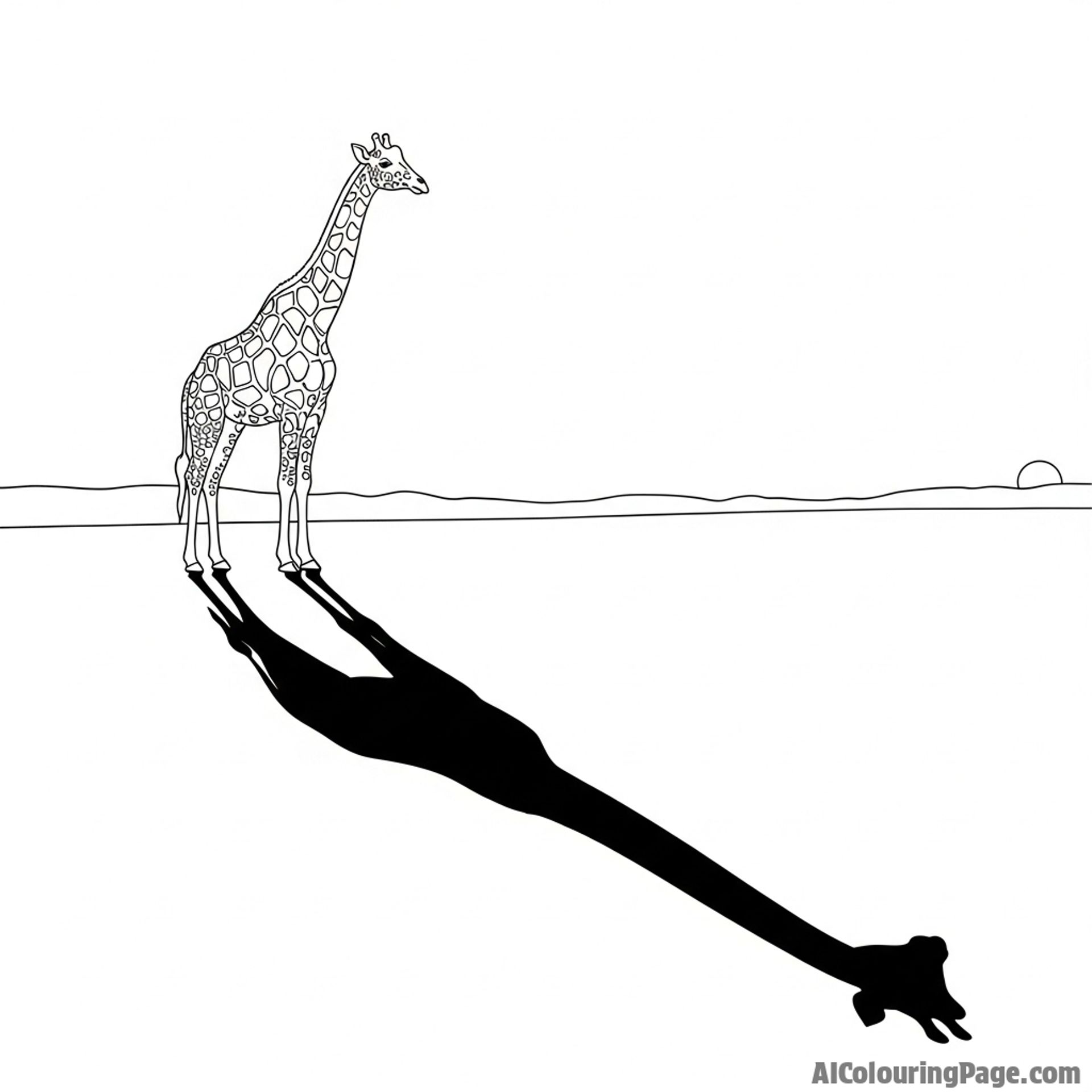 The elongated shadow of a giraffe stretching across the land at dusk.