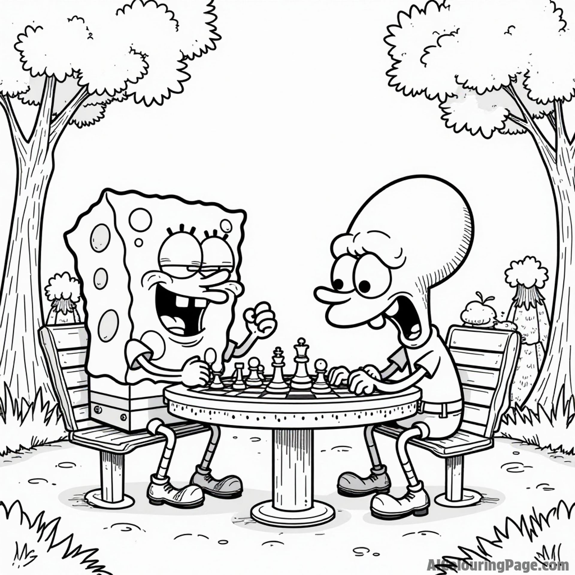SpongeBob and Squidward playing chess at a park table with intense expressions and a crowd of fish cheering them on
