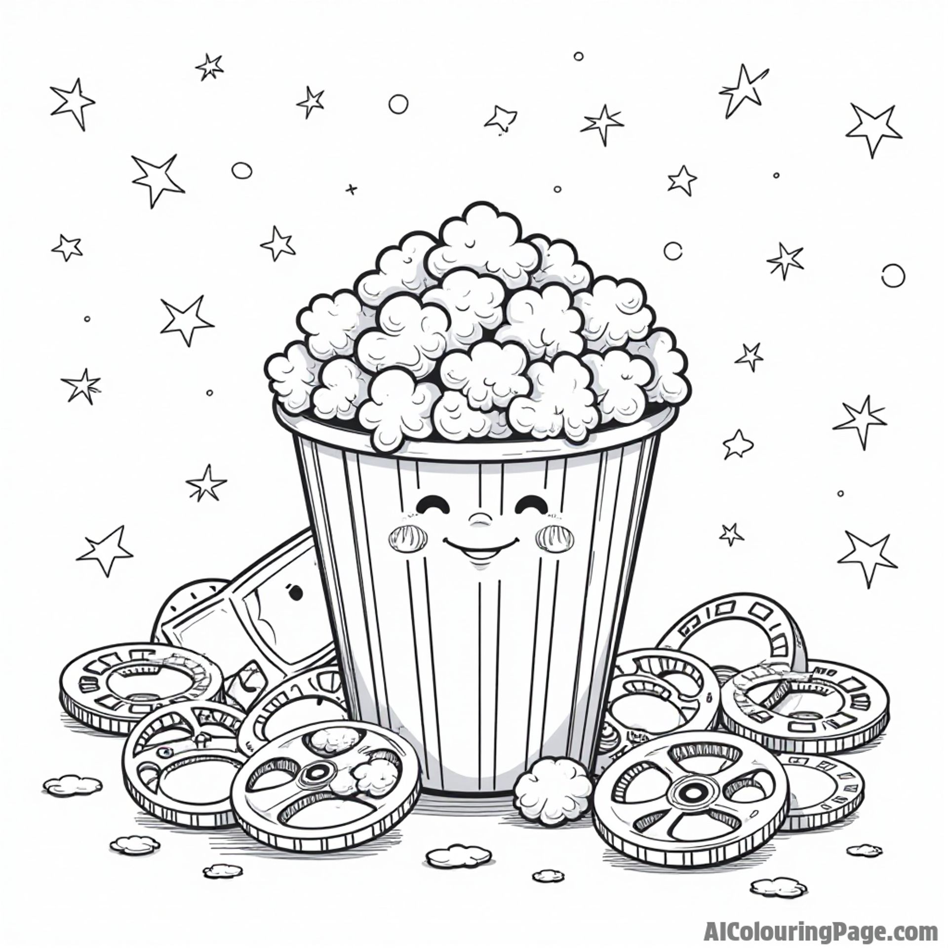 A cozy movie night scene with a happy popcorn character, a playful movie ticket, and cheerful film reels scattered around.