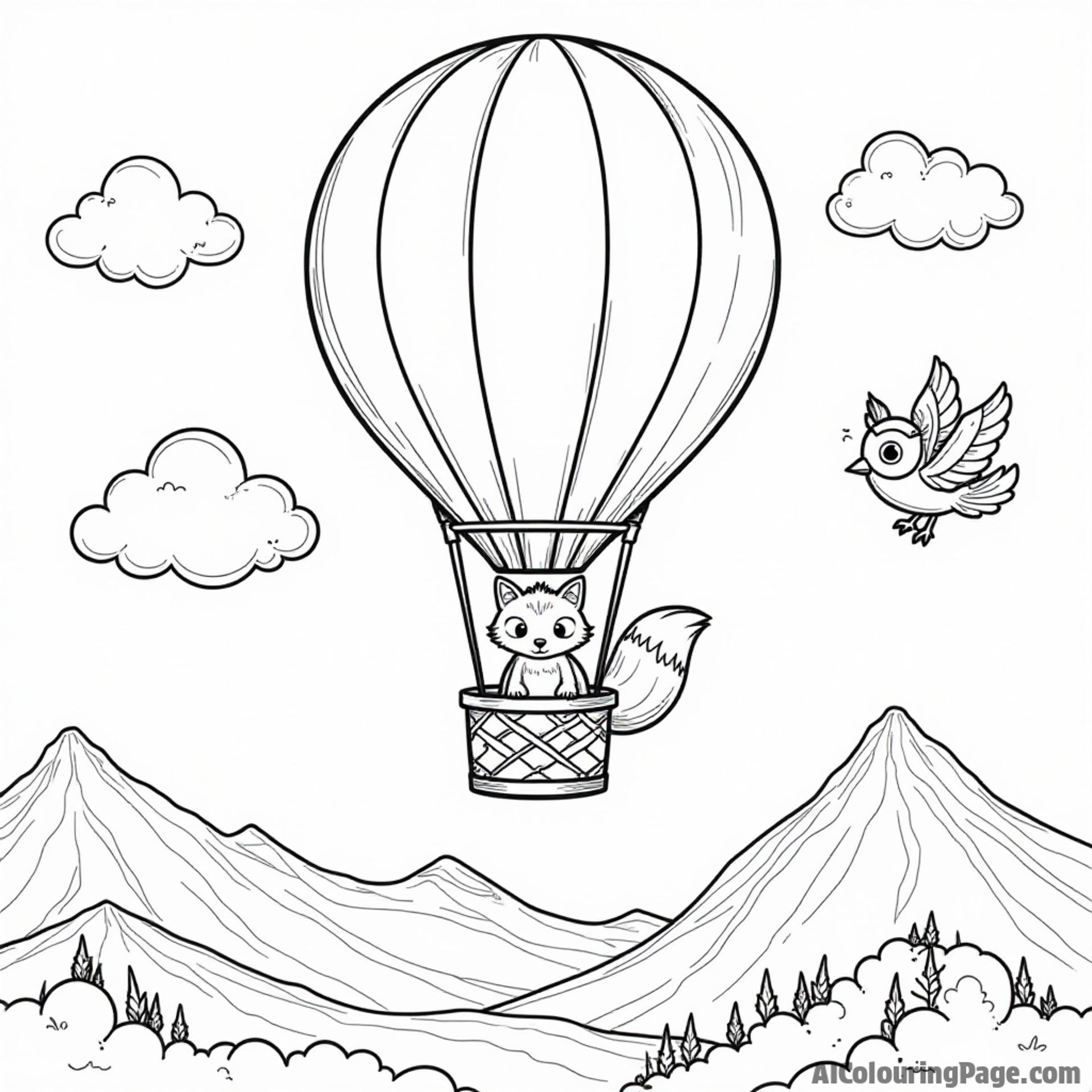 A whimsical hot air balloon soaring over a mountain range with a curious fox peeking out and a friendly owl flying beside it, all designed for young adventurers to color.