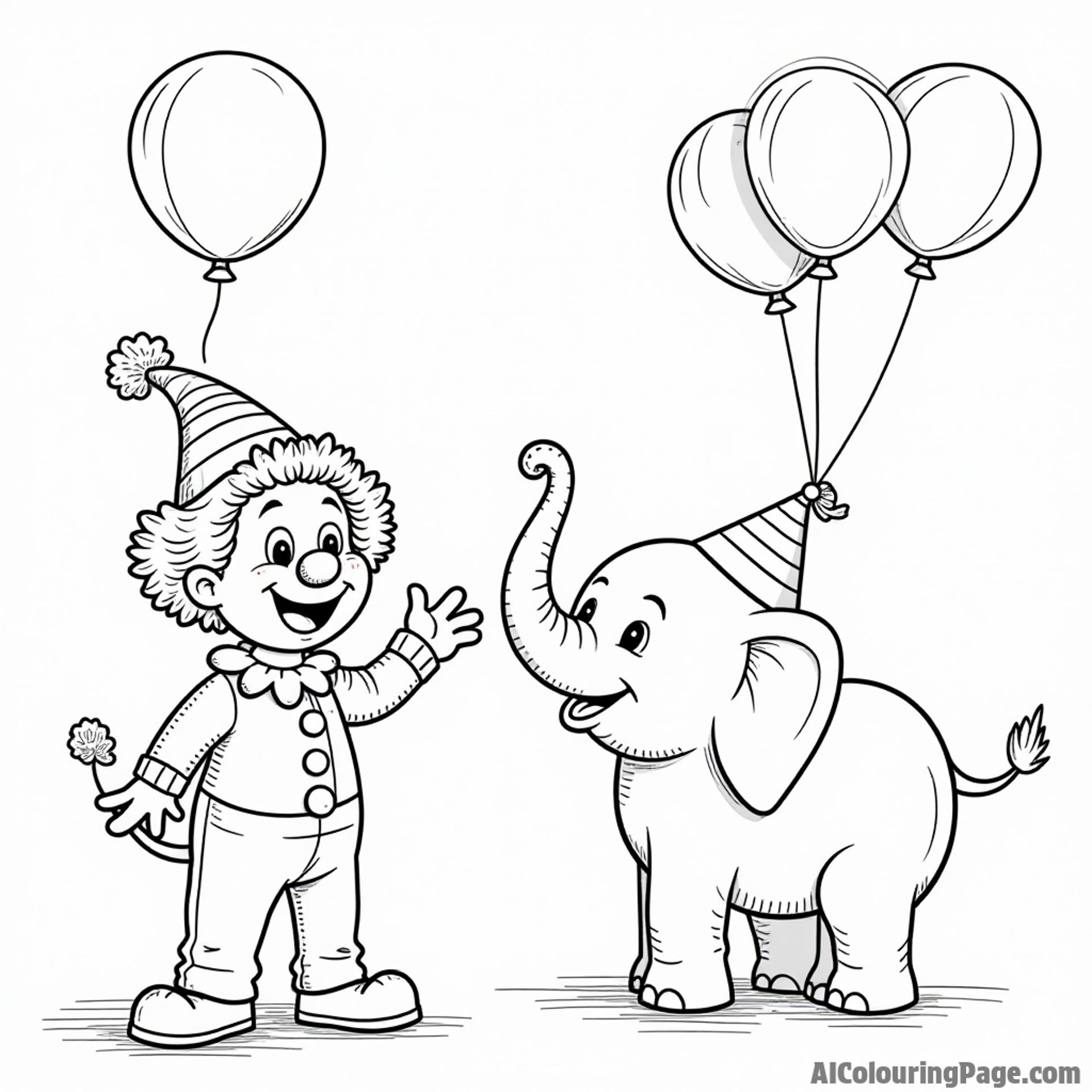 A whimsical circus scene with a cheerful clown character, a playful elephant balancing, and colorful balloons floating above.