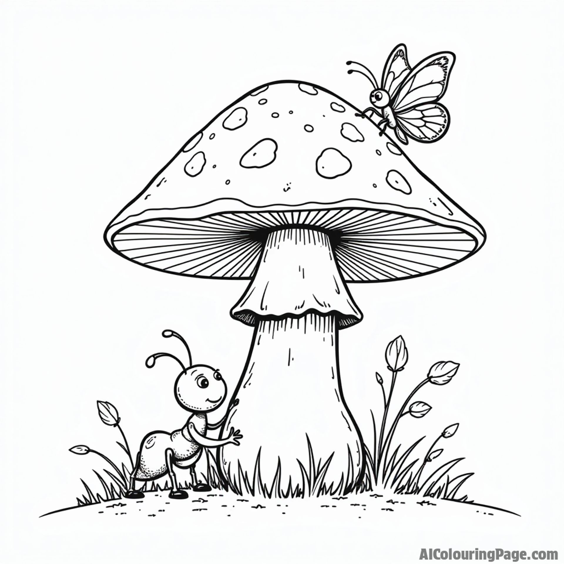 A little ant playing hide and seek behind a giant mushroom with a butterfly flying above, perfect for playful coloring.