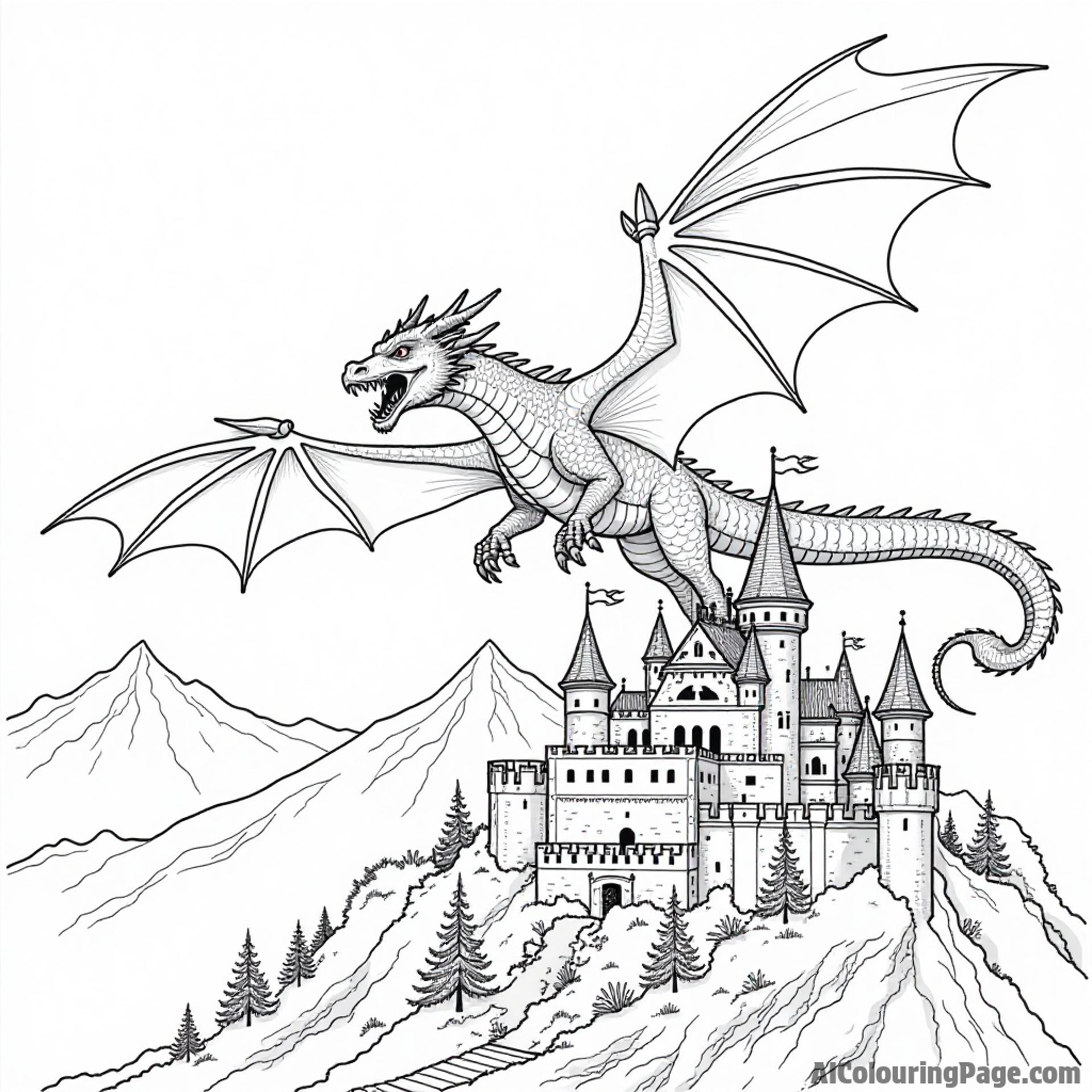 A dragon flying over a medieval castle with flags waving in the wind and mountains in the background.