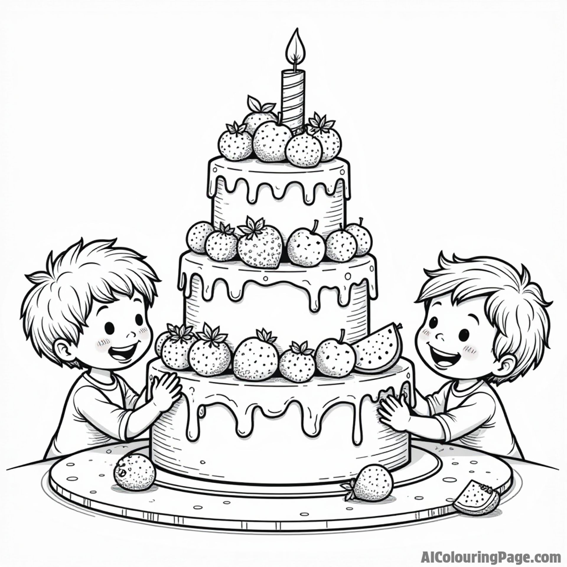 A chocolate cake tower decorated with fruits, surrounded by happy children enjoying slices at a birthday party.