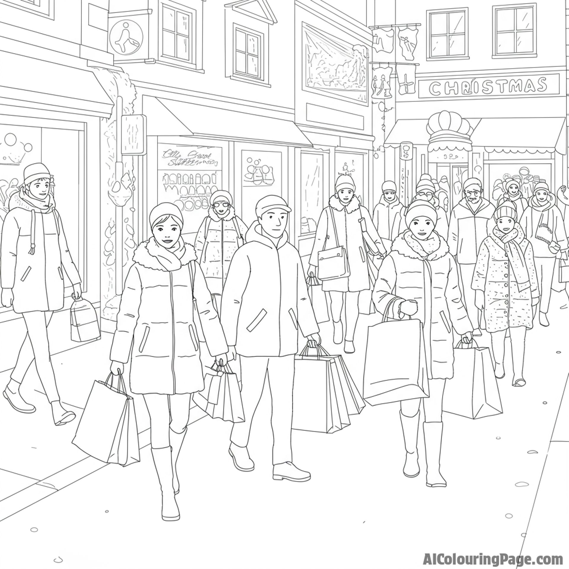 Busy street scene with shoppers carrying bags of presents, holiday rush.