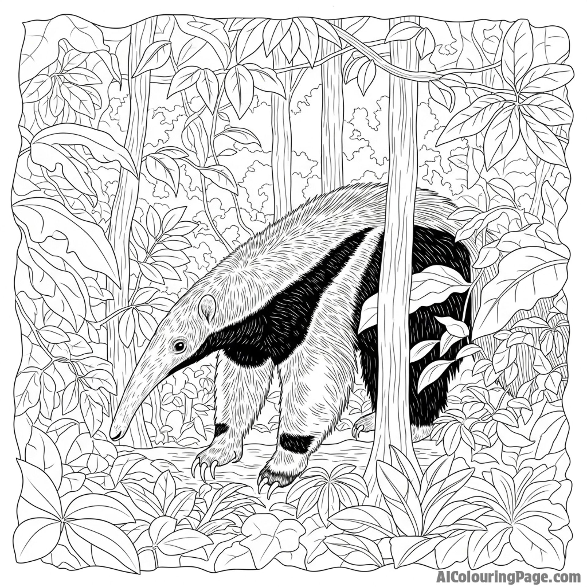 A giant anteater foraging for insects in the dense foliage.