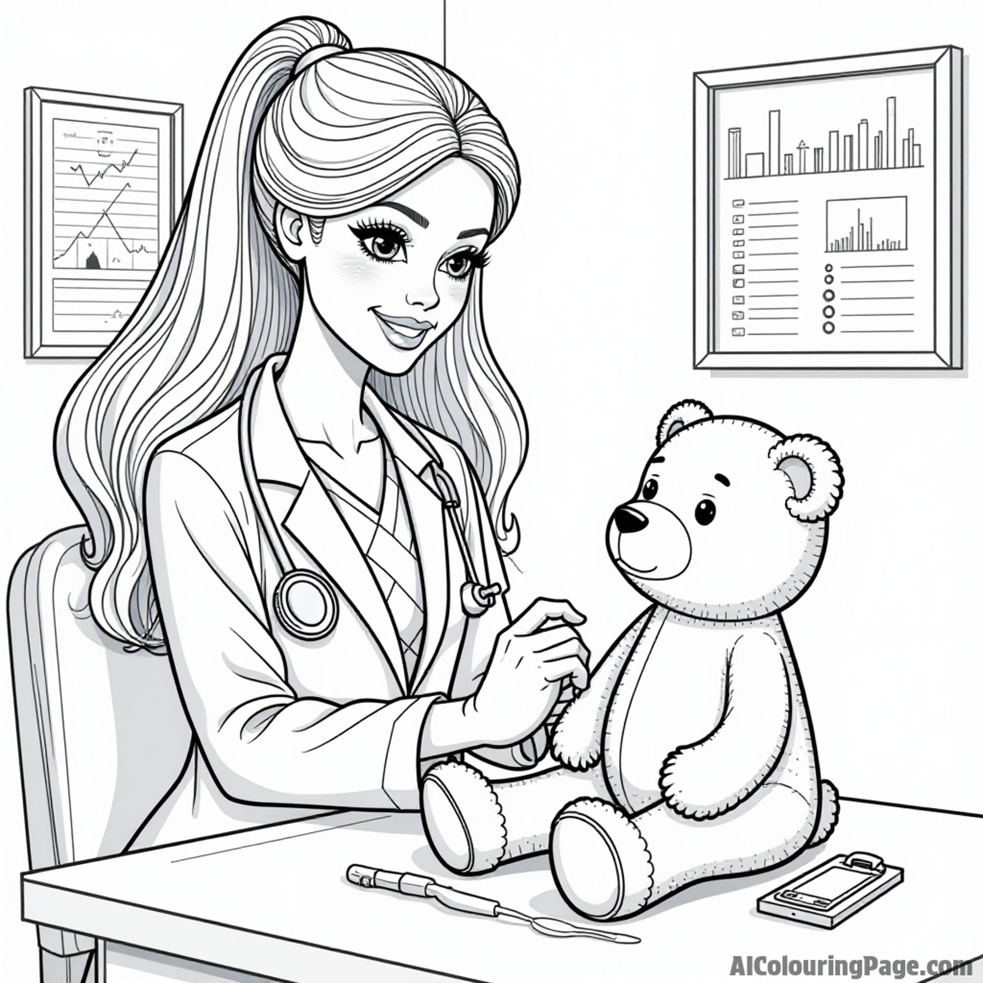Barbie dressed as a doctor in a clinic, examining a teddy bear patient, with medical tools and charts around her.