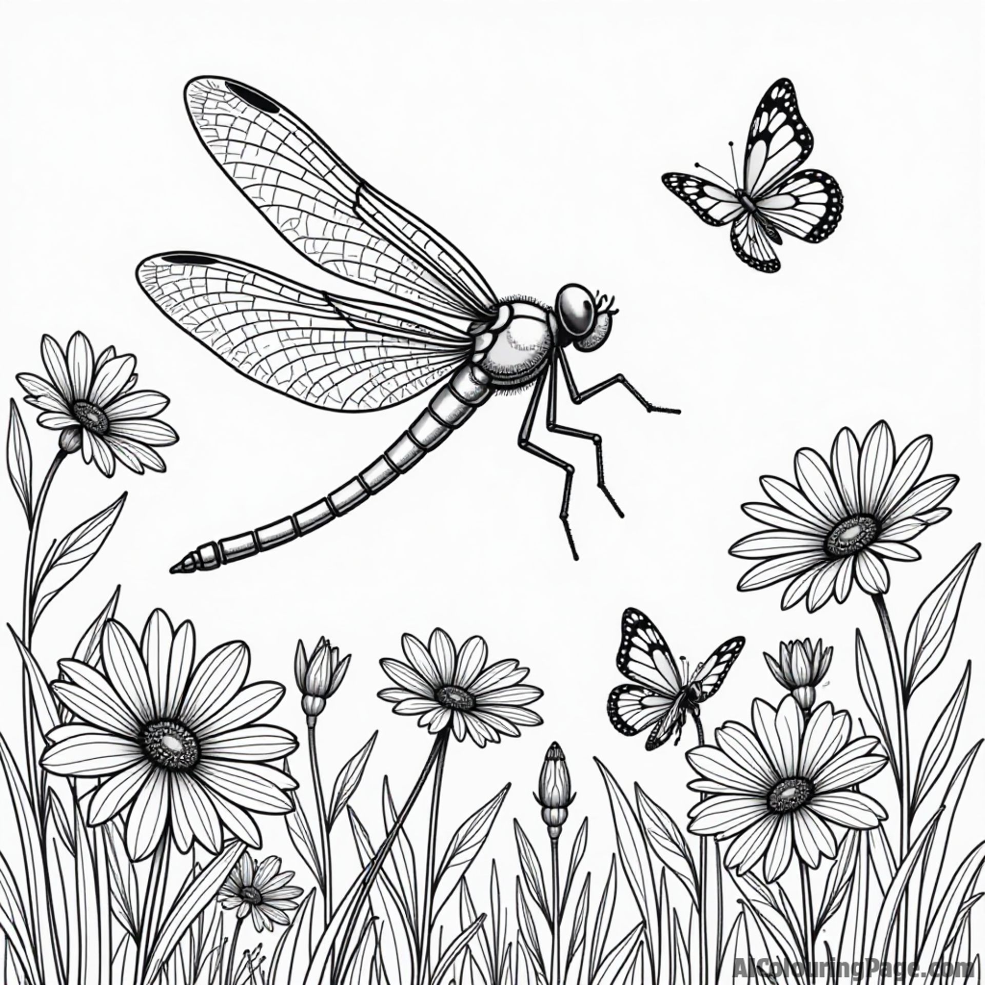 A dragonfly playing in a field of butterflies with flowers blooming around them in a vibrant spring scene.