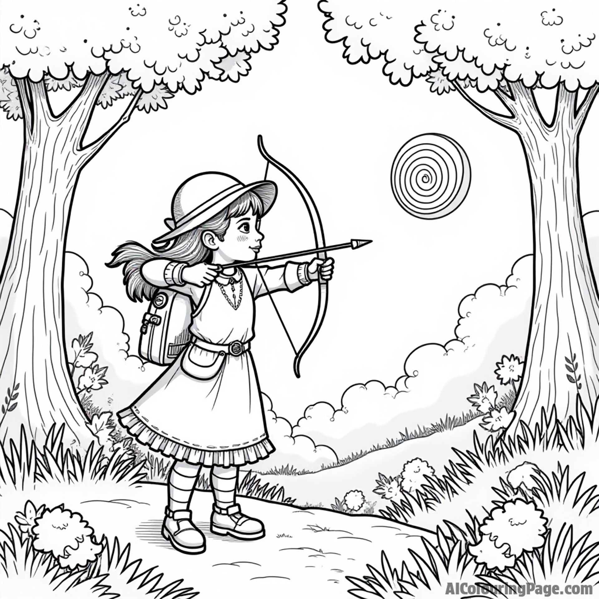 An adventurous young girl dressed as an archer, exploring a magical forest filled with whimsical creatures, aiming her bow at a floating target high in the trees.