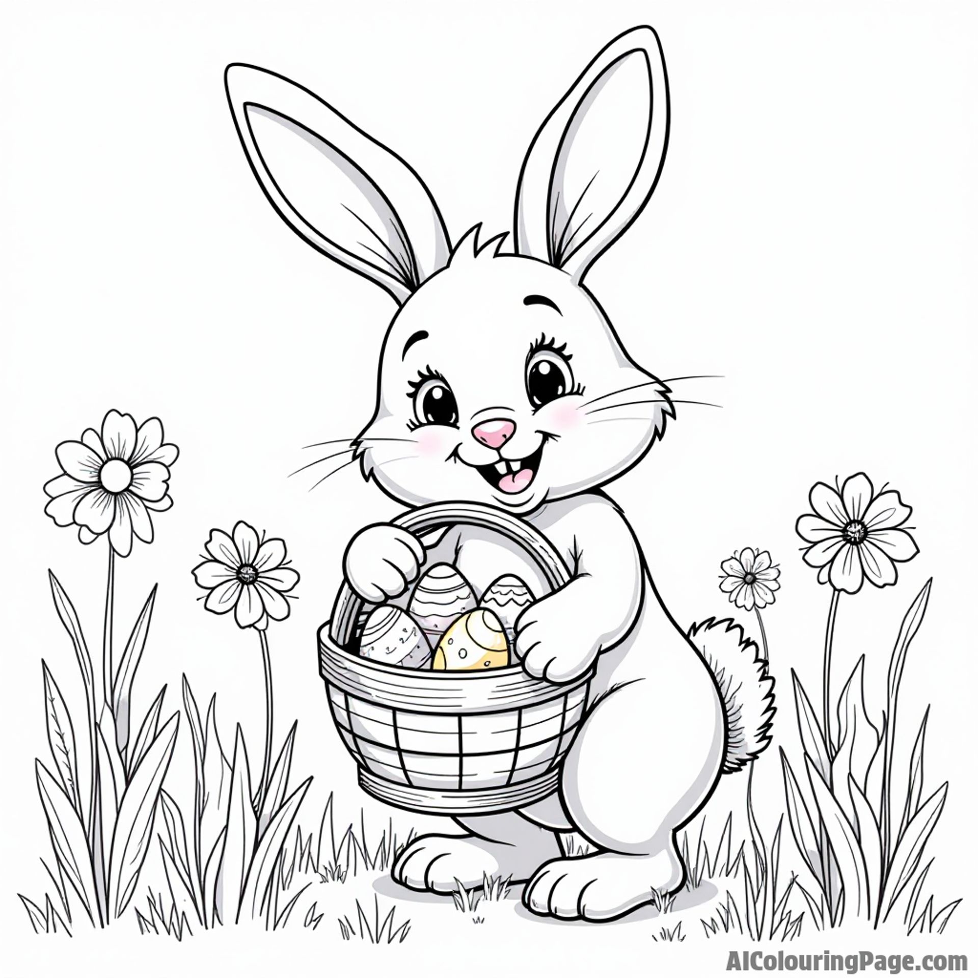 A cheerful bunny holding a basket filled with colorful Easter eggs in a sunny meadow with flowers blooming all around.