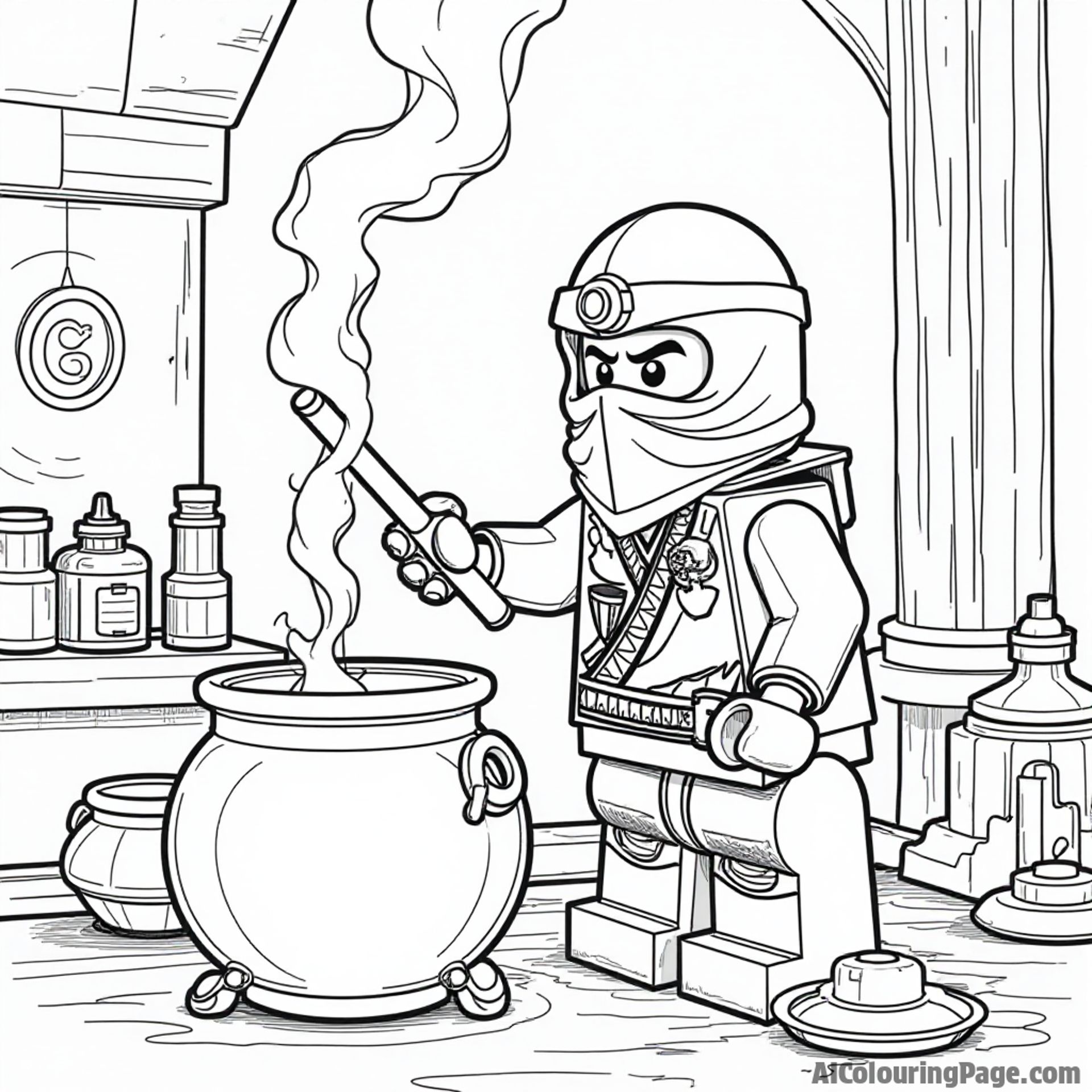 A Lego Ninjago character crafting a potion in a mystical laboratory, with bubbling cauldrons and magical ingredients, creating an intriguing scene for imaginative coloring fun for children.
