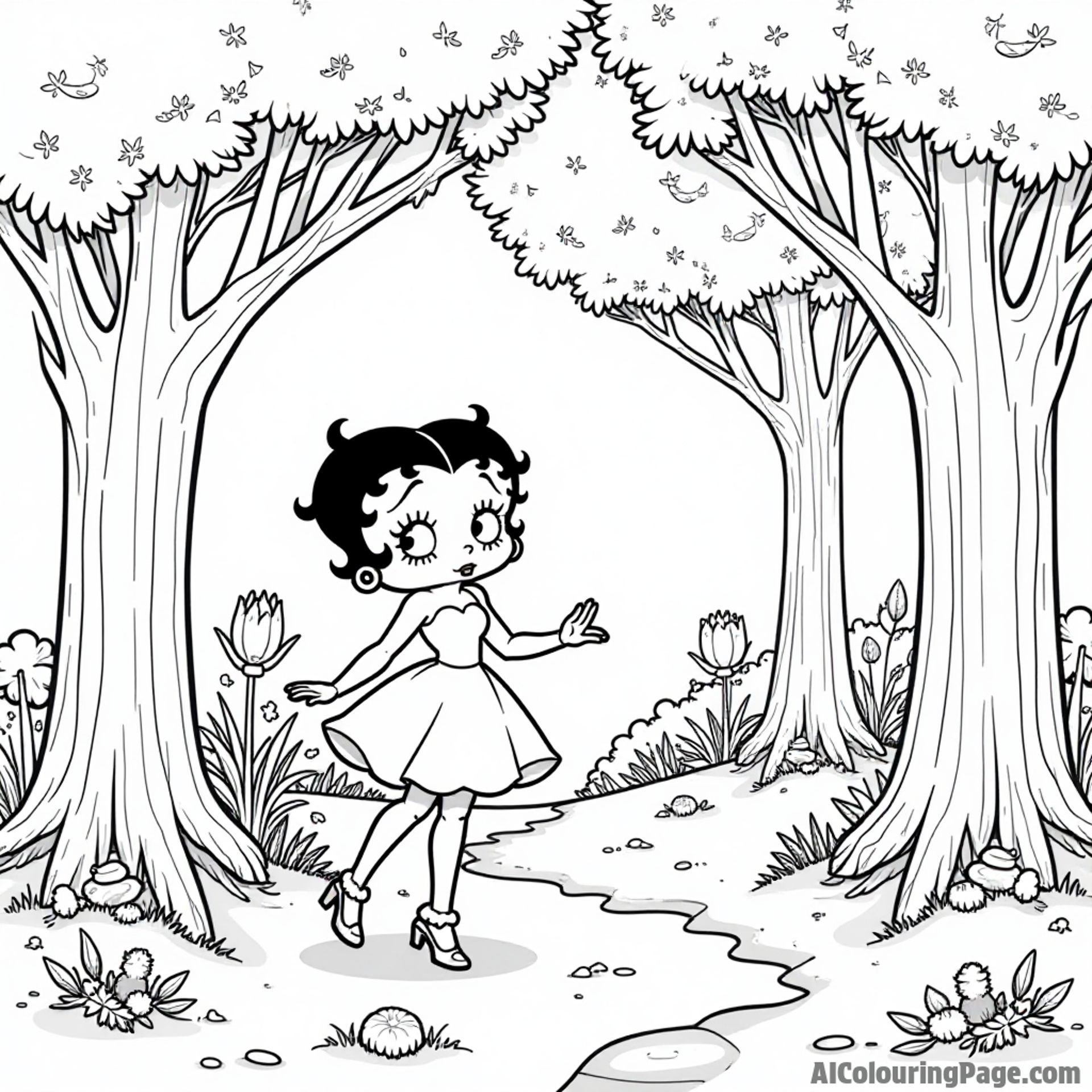 Betty Boop exploring a magical forest with whimsical creatures and sparkling lights hidden among the trees
