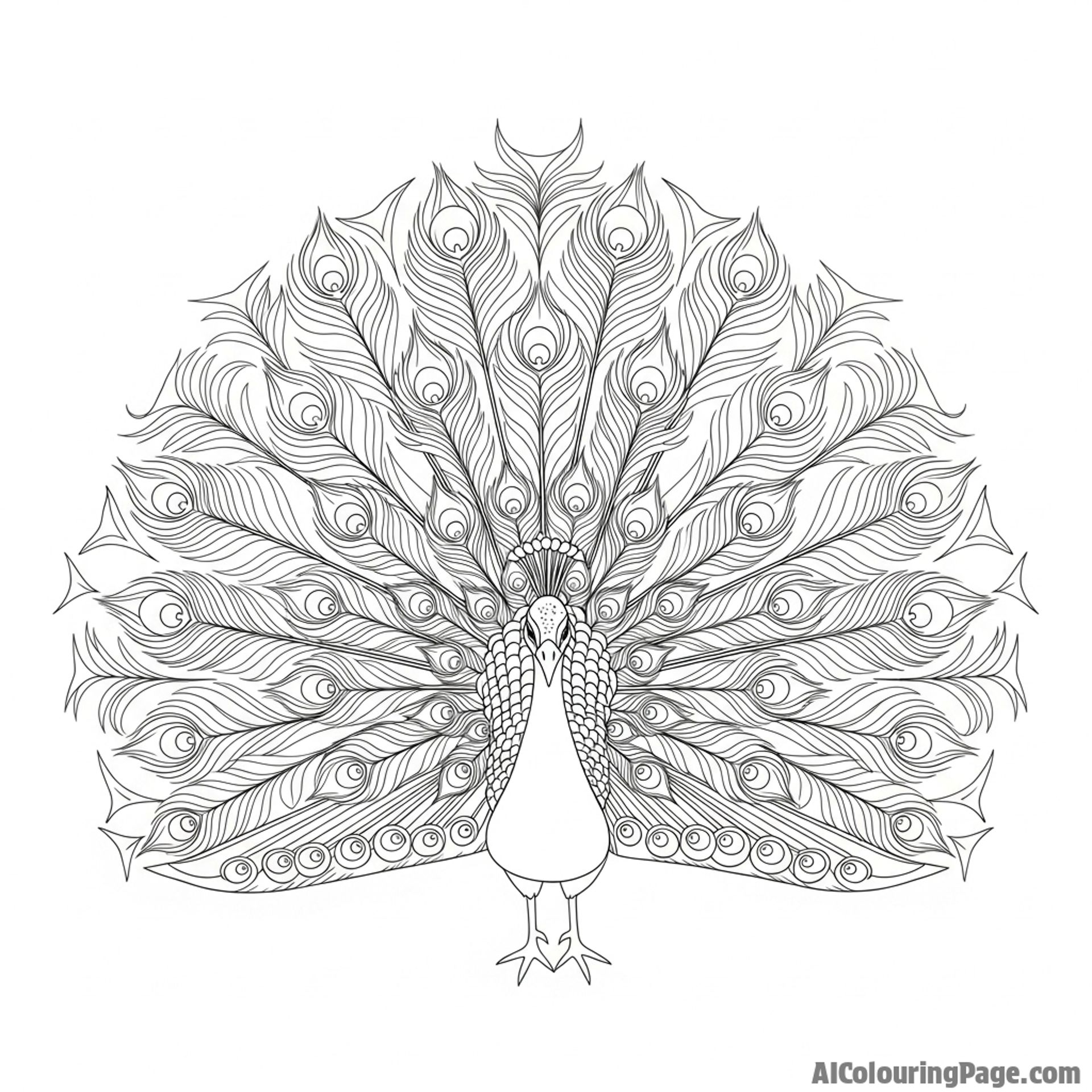 A peacock displaying its full tail feather fan, intricate eye-like patterns in detail