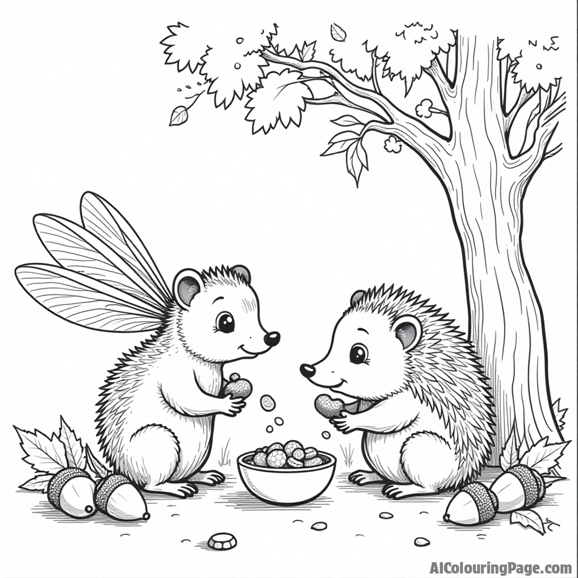 A dragonfly and a hedgehog sharing a snack under a tree with acorns and leaves scattered around them.