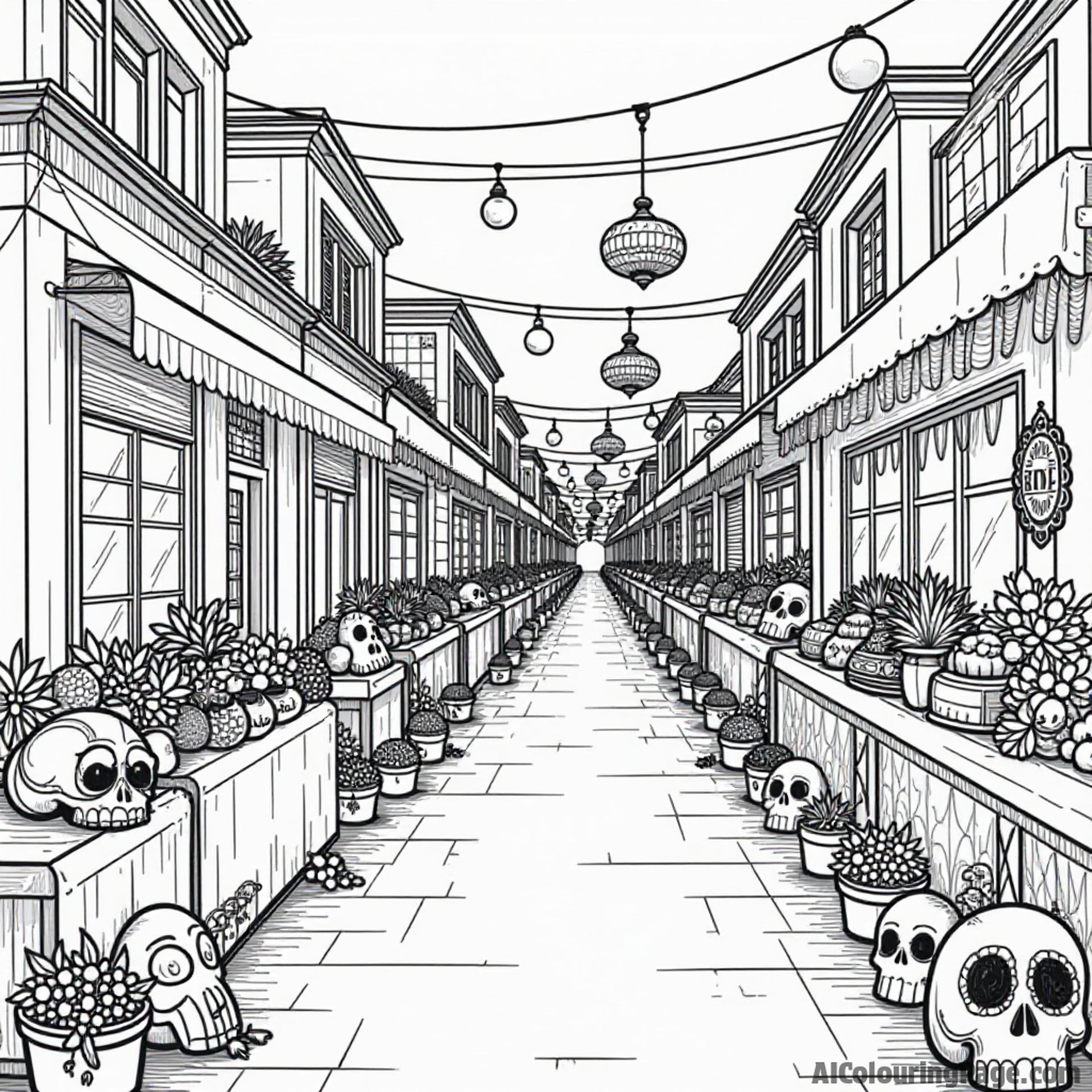 A lively marketplace filled with Day of the Dead decorations, including skulls and flowers, where children can imagine the festivities while coloring their favorite elements.
