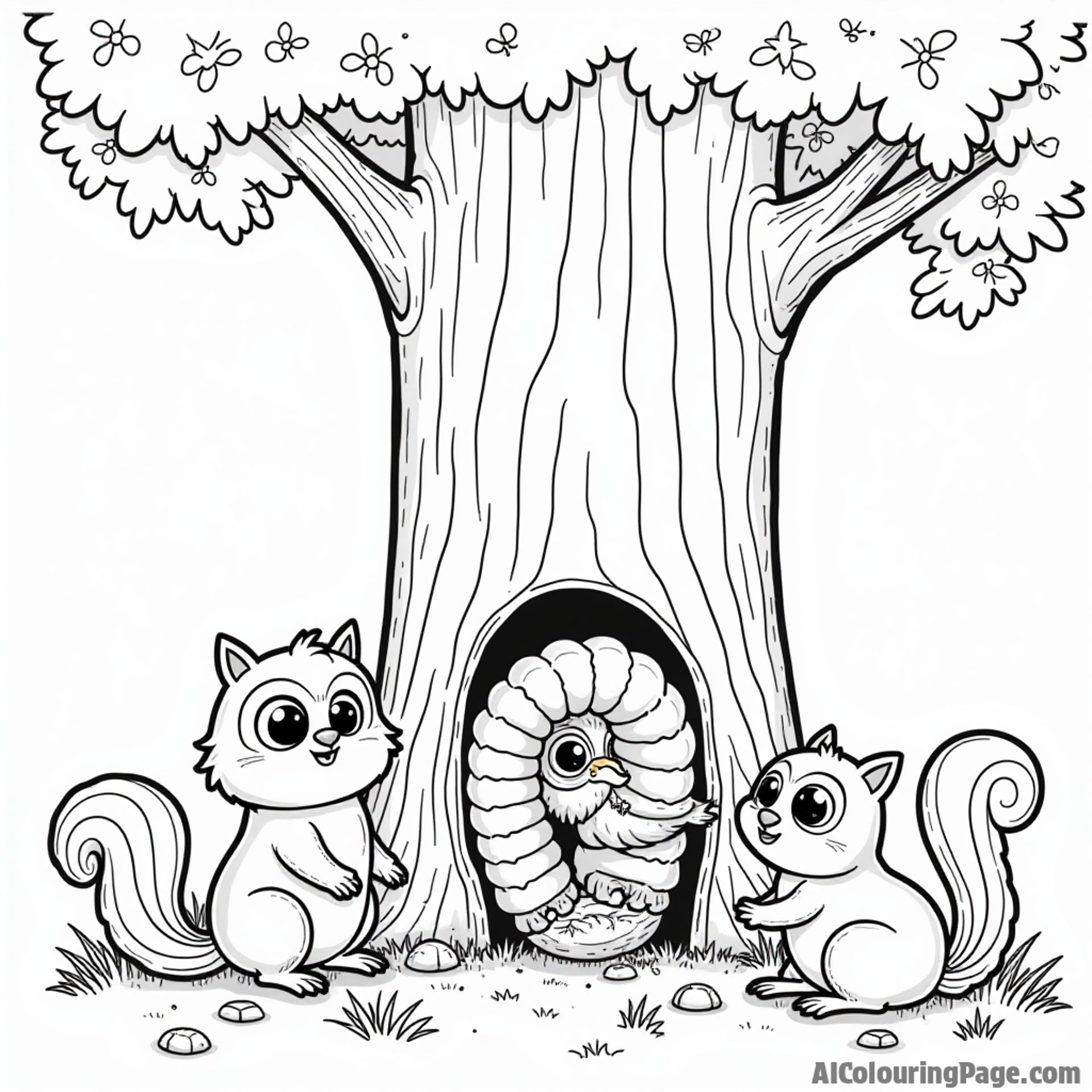 A caterpillar building a cozy home inside a tree trunk alongside a wise owl and friendly squirrels for coloring fun.