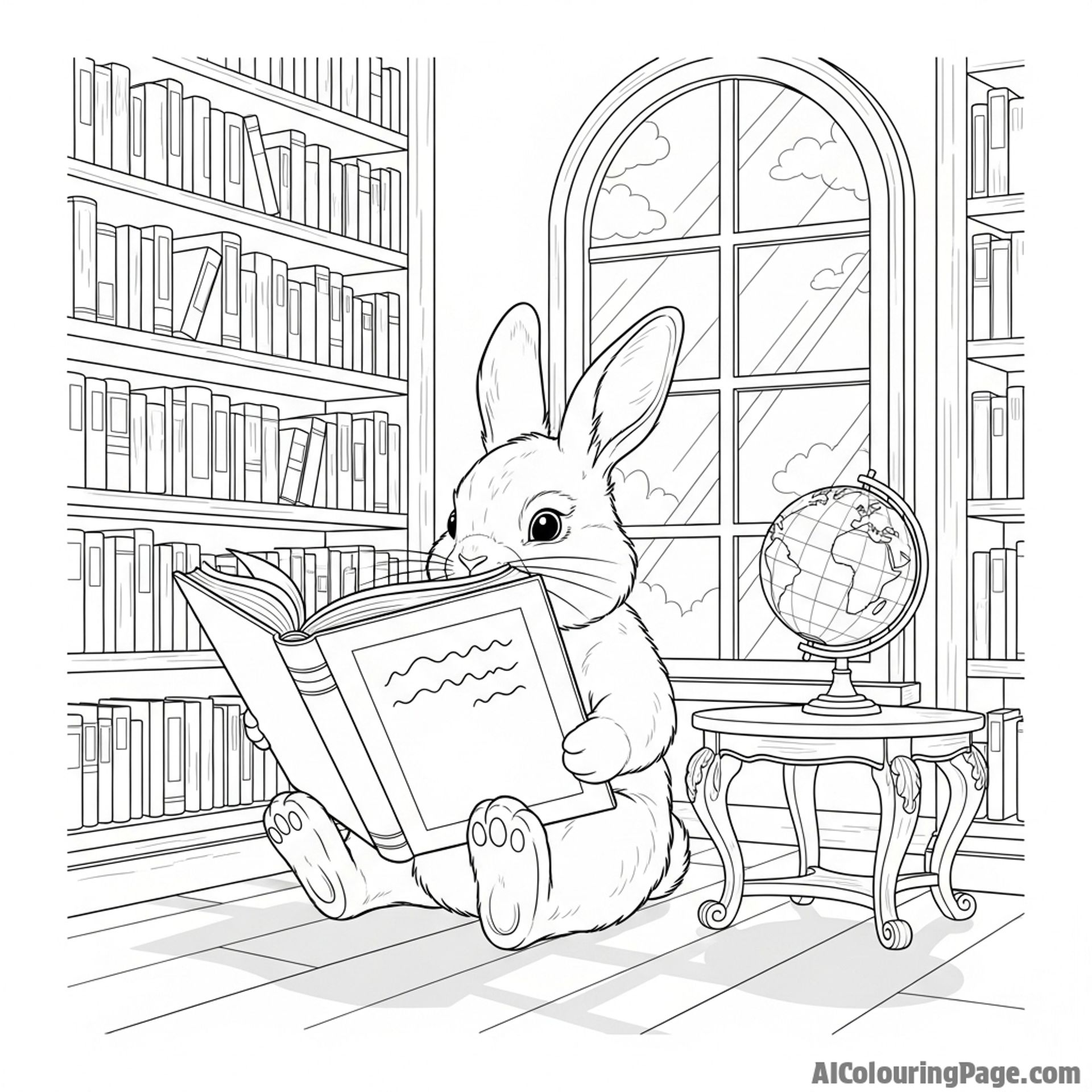 A bunny sitting in a quiet, sun-dappled library, attentively reading a very large book.