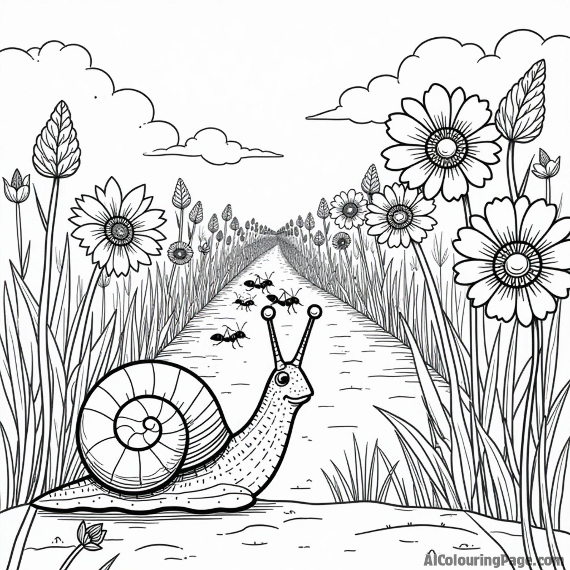 A snail observing a busy ant parade, with vibrant flowers and a clear blue sky creating a cheerful atmosphere.